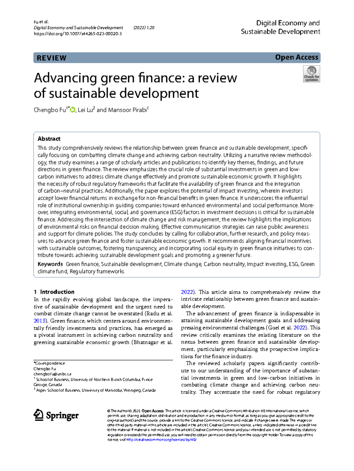 Advancing Green Finance: A Comprehensive Review on Sustainable ...