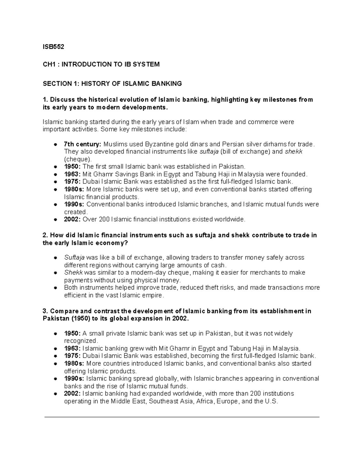 Islamic Banking Evolution: Key Milestones and Functions (ISB552) - Document Preview