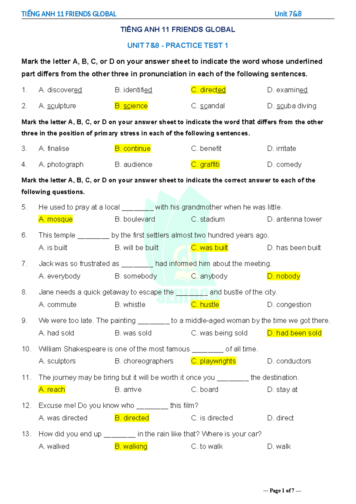 Tiếng Anh 11 Friends Global - Unit 7 & 8 - Practice Test 1 - Studocu