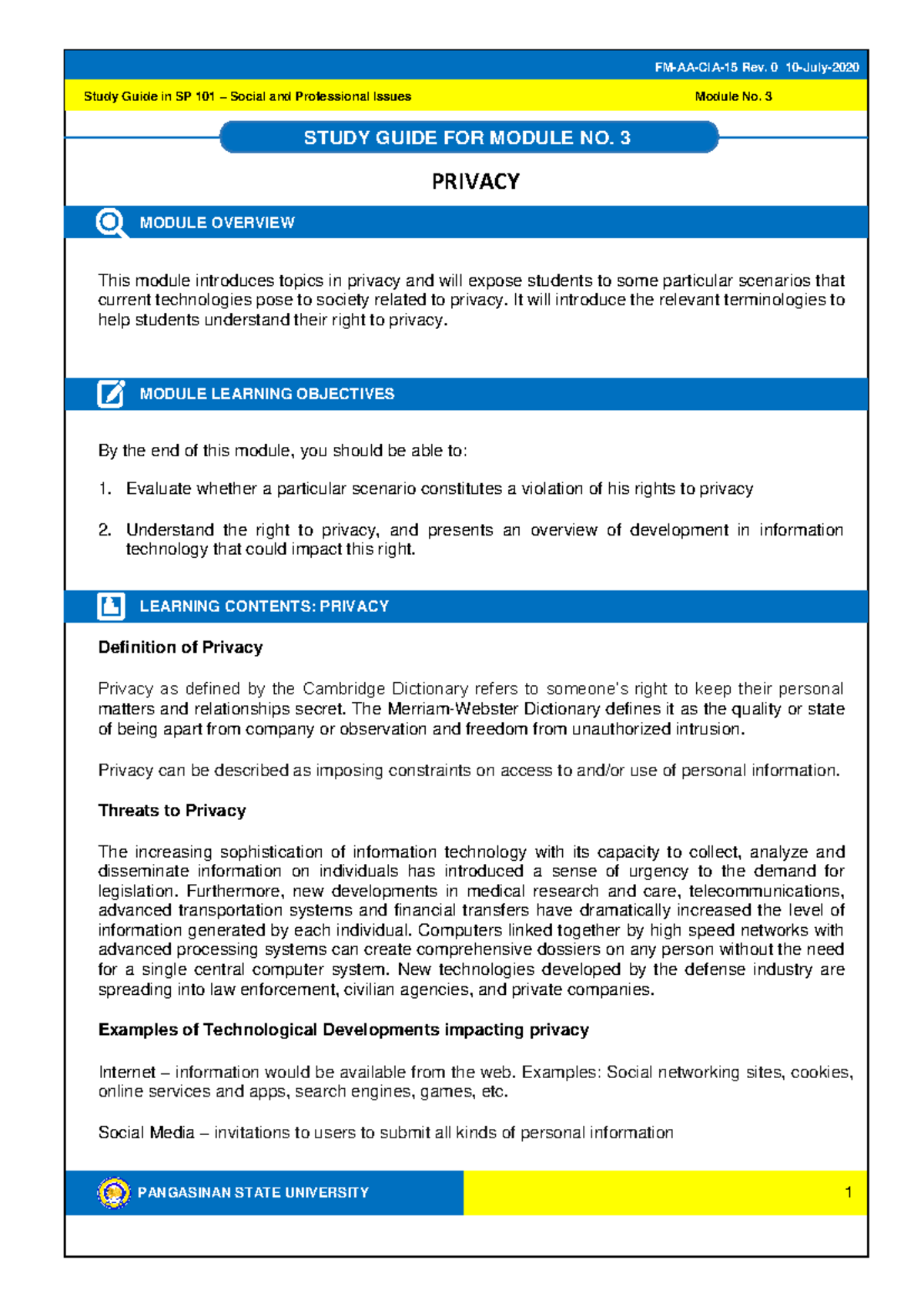 SP 101 Module 3 - Use this as your reference and reviewer. - PANGASINAN ...