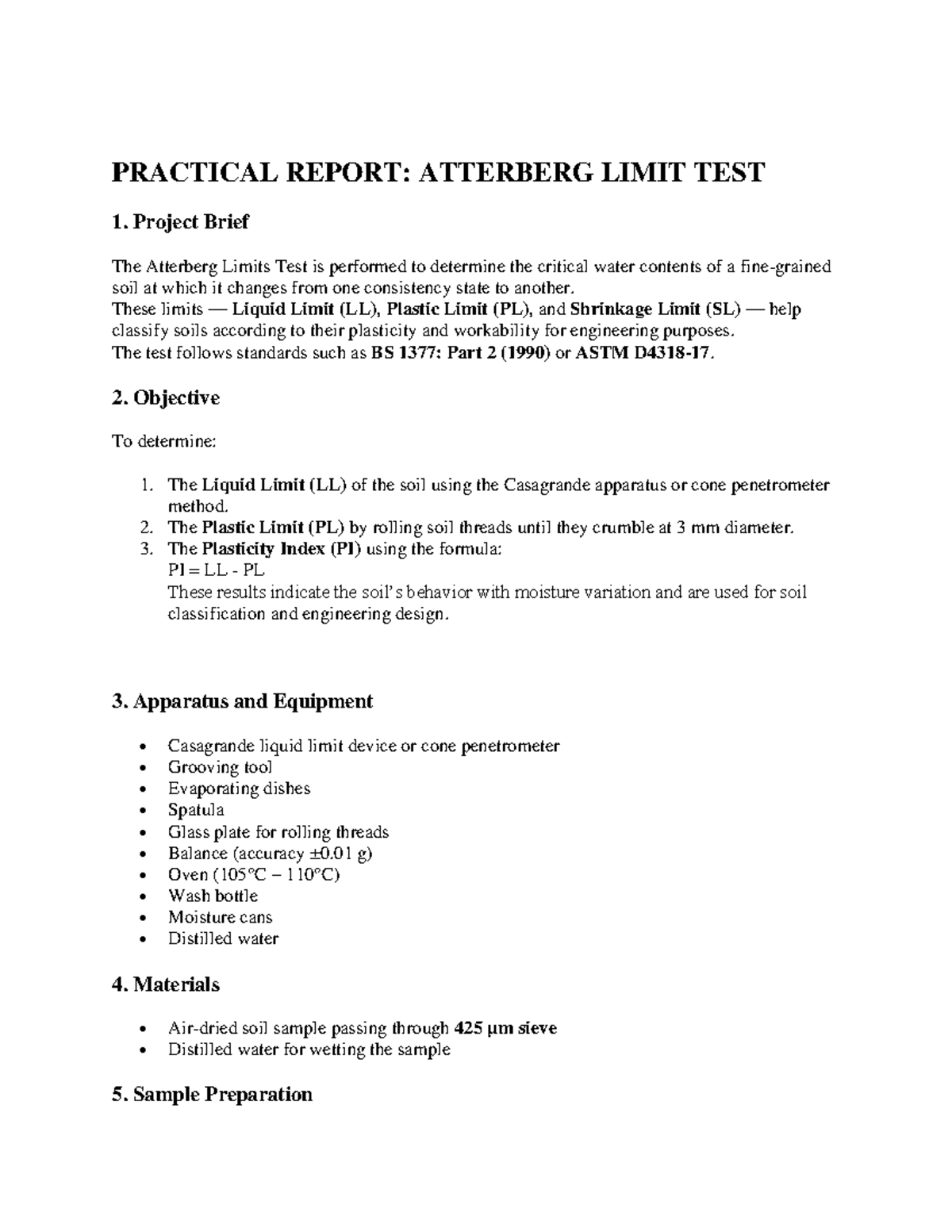 Atterberg Limit Test Report: Practical Analysis and Results - Studocu
