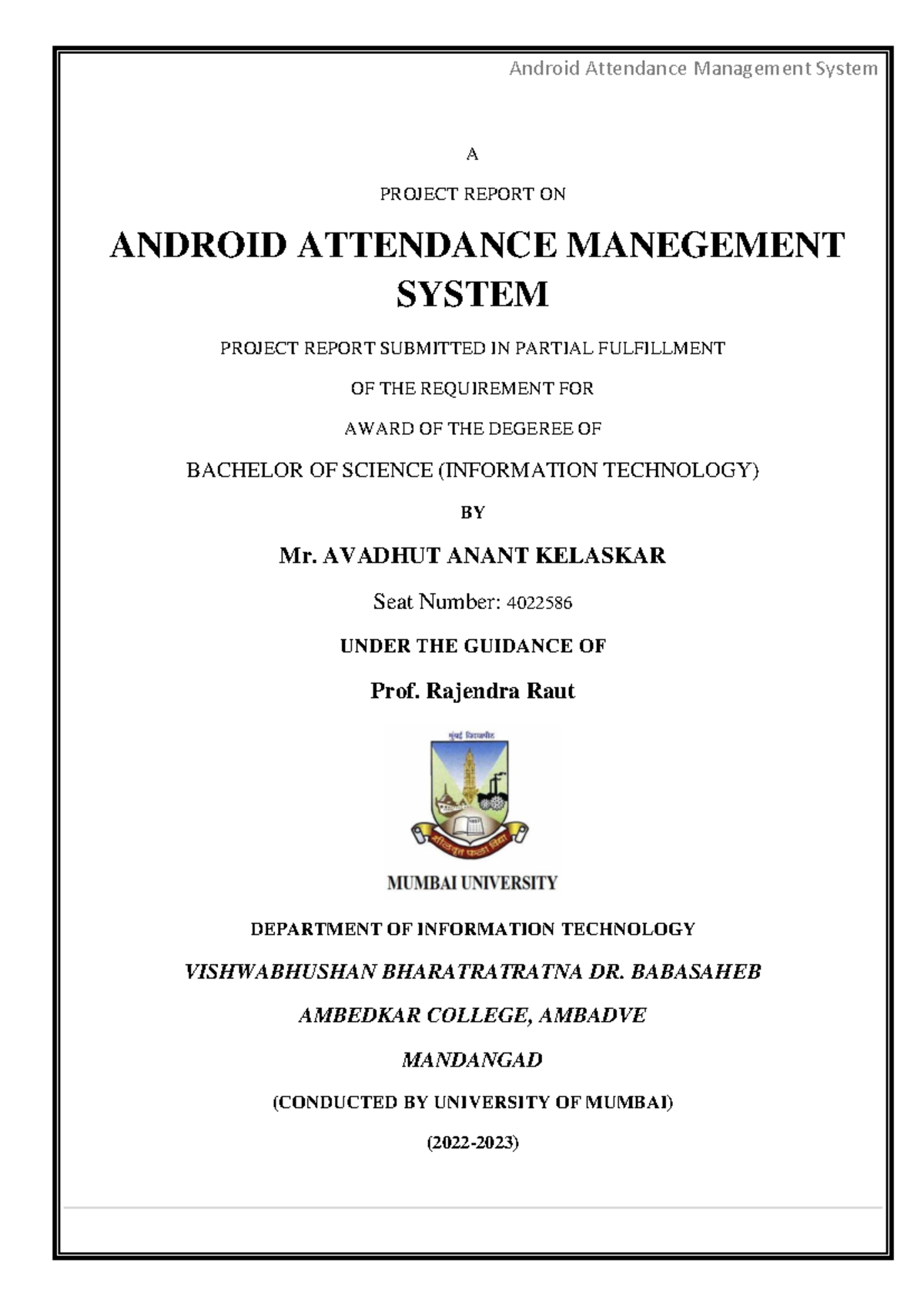 Android Attendance Management System Documentation (BSc IT Project ...