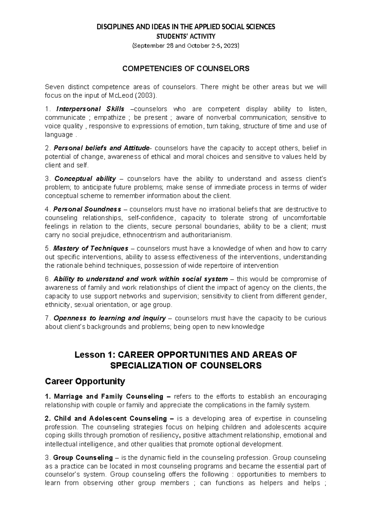 DIASS Lesson on Counseling Competencies & Work Settings - Studocu