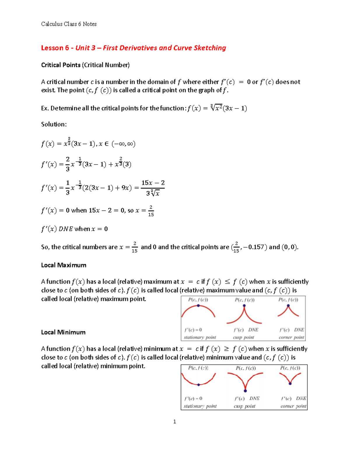 Class 06 Calculus Lecture Notes: First Derivatives & Curve Sketching ...