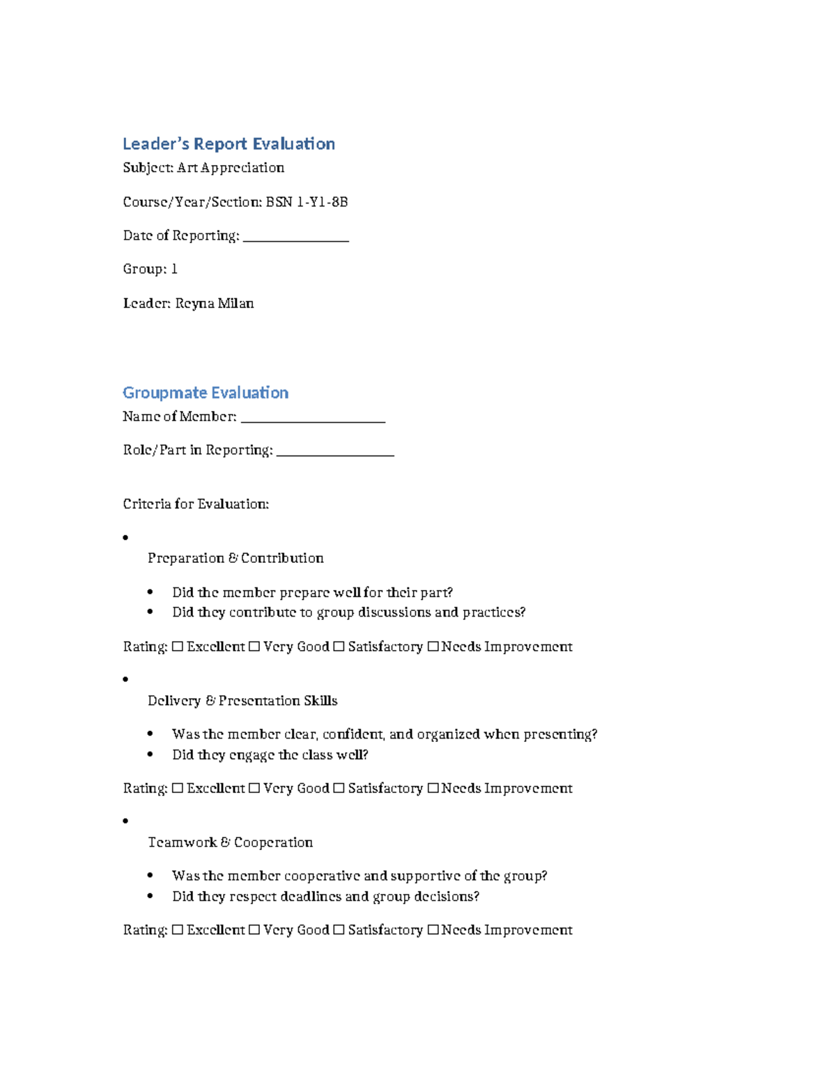 BSN Art Appreciation Group Report Evaluation Template - Studocu