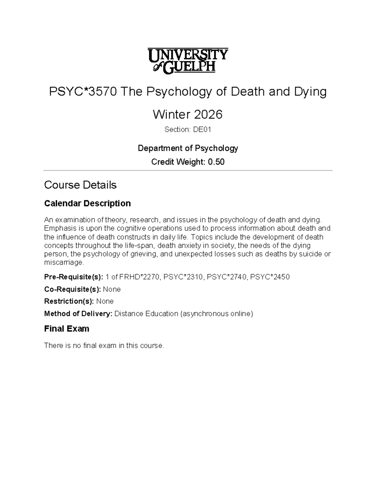 Outline for PSYC3570 DE01: The Psychology of Death and Dying - Studocu