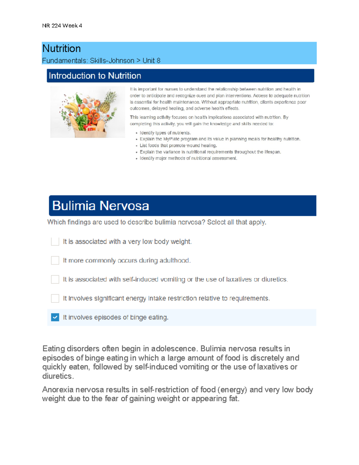 NR 224 Week 4 Nutrition Fundamentals and Eating Disorders - Studocu