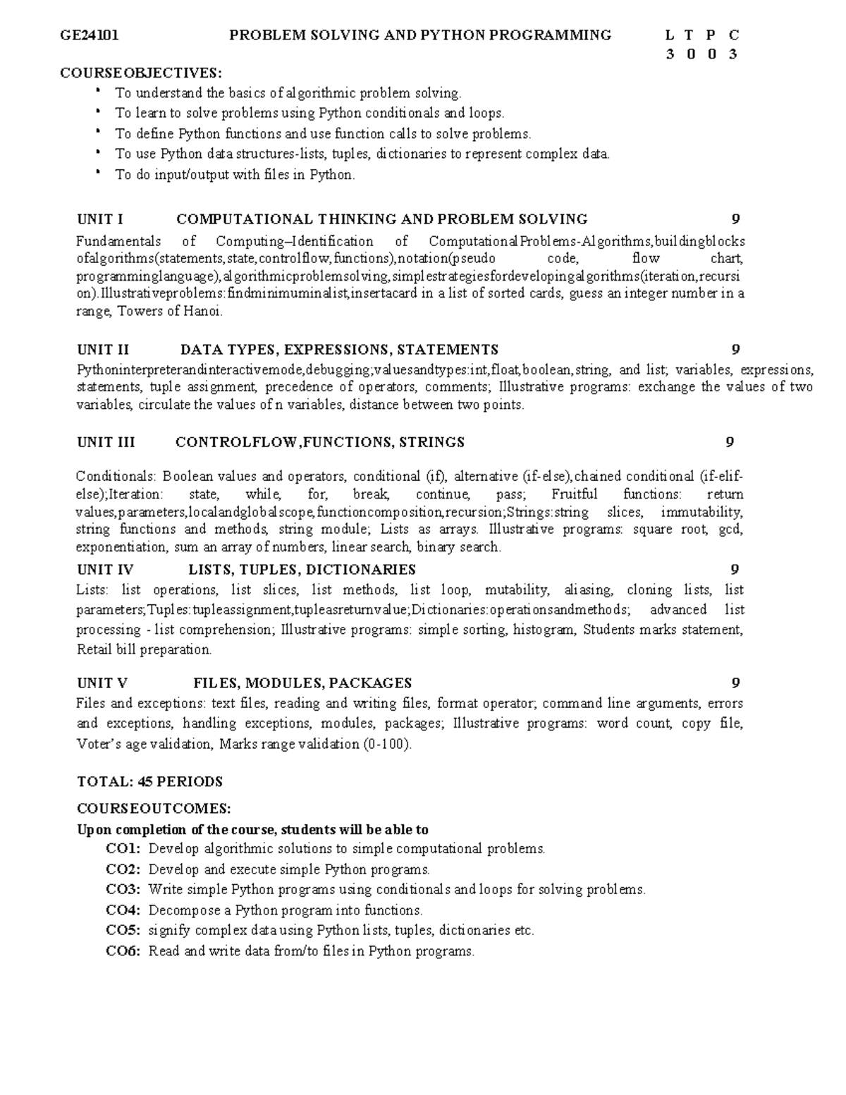 GE24101 PROBLEM SOLVING AND PYTHON PROGRAMMING SYLLABUS - Studocu