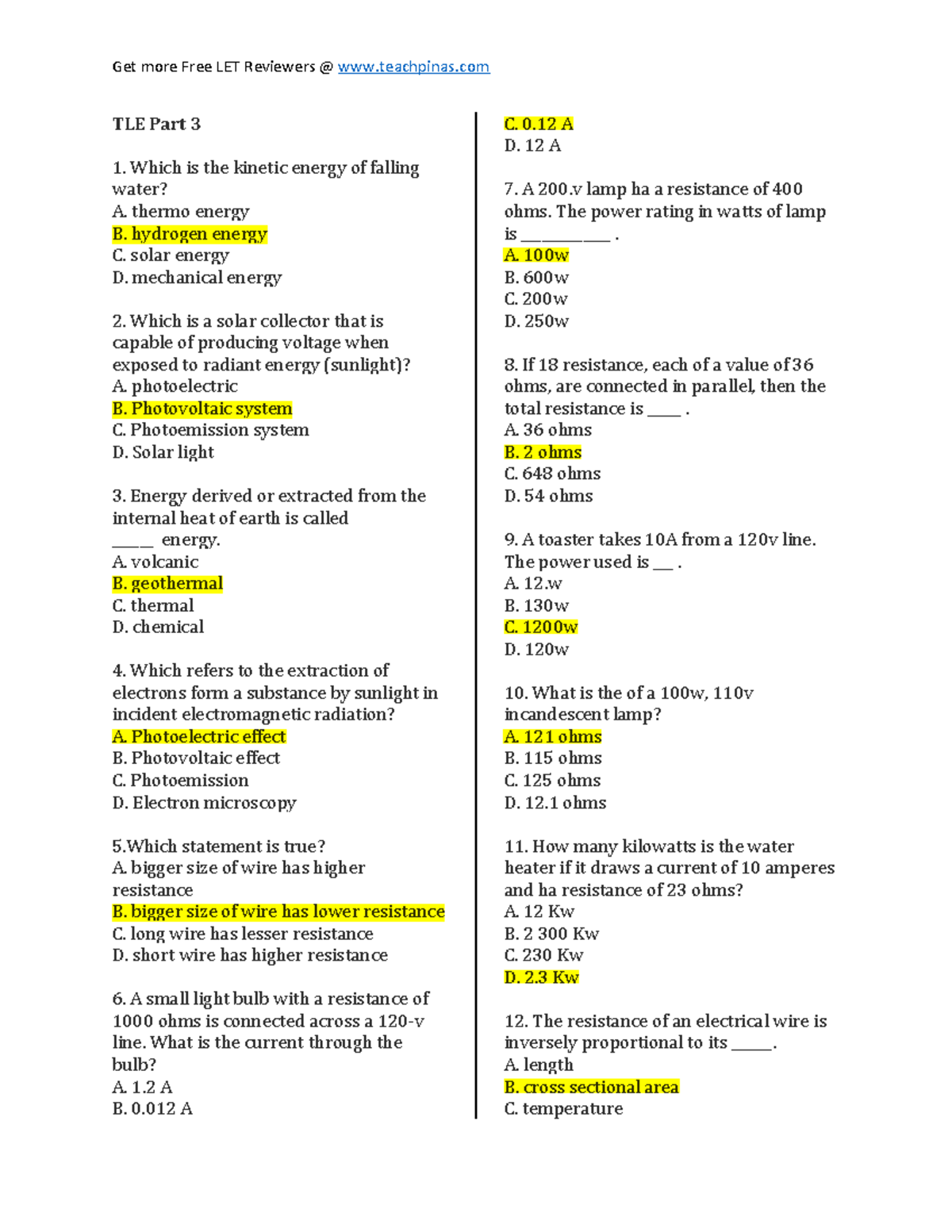 LET Reviewers: Electrical Concepts and Practice Questions - Studocu