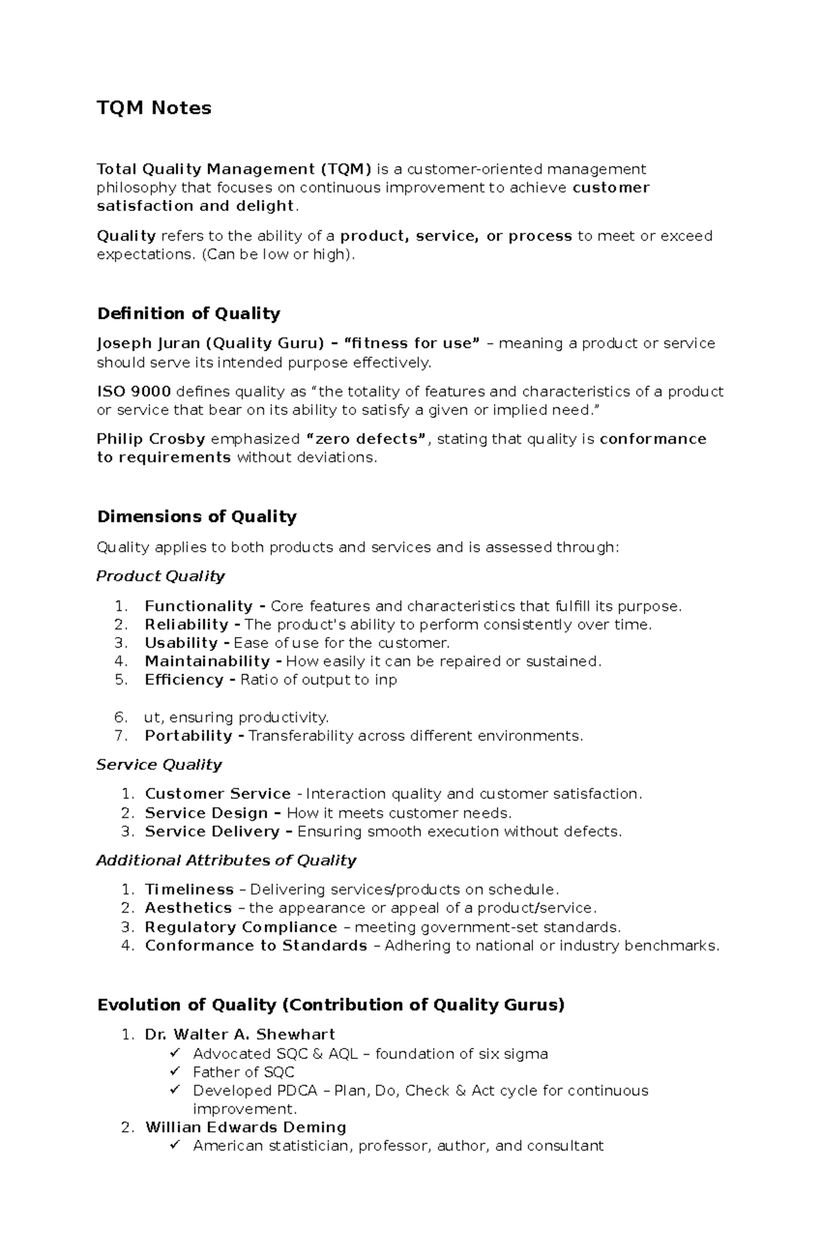 TQM Notes: Key Concepts and Strategies for Quality Management - Studocu