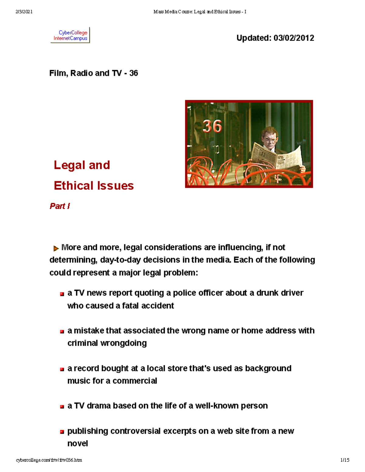 Mass Media Course Legal & Ethical Issues - Part I Overview - Studocu