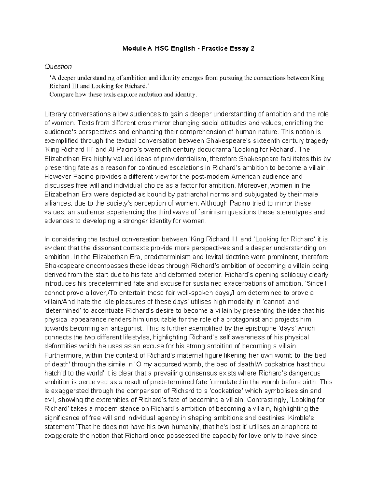 Module A HSC English - Practice Essay 2: Ambition & Women's Roles in ...