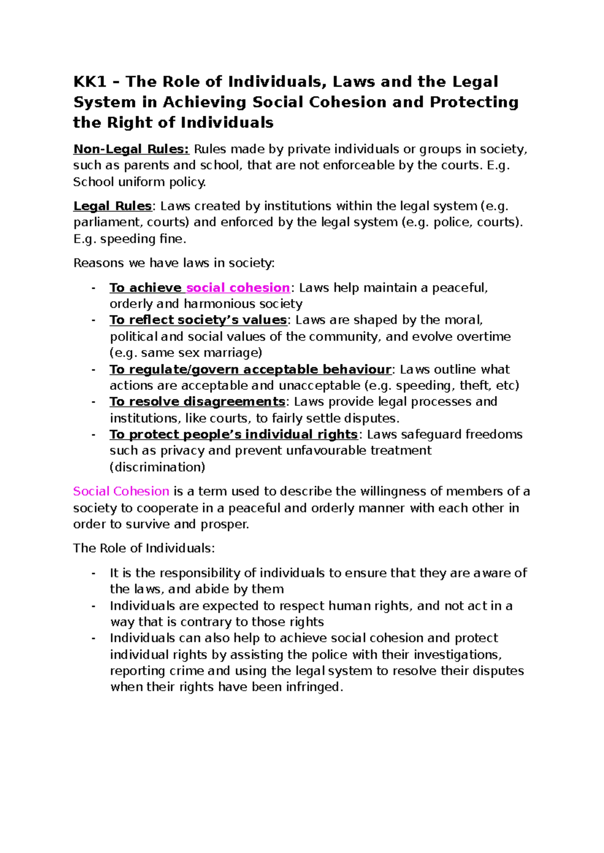 Legal Notes - Unit 1, AoS 1 - KK1 – The Role of Individuals, Laws and ...