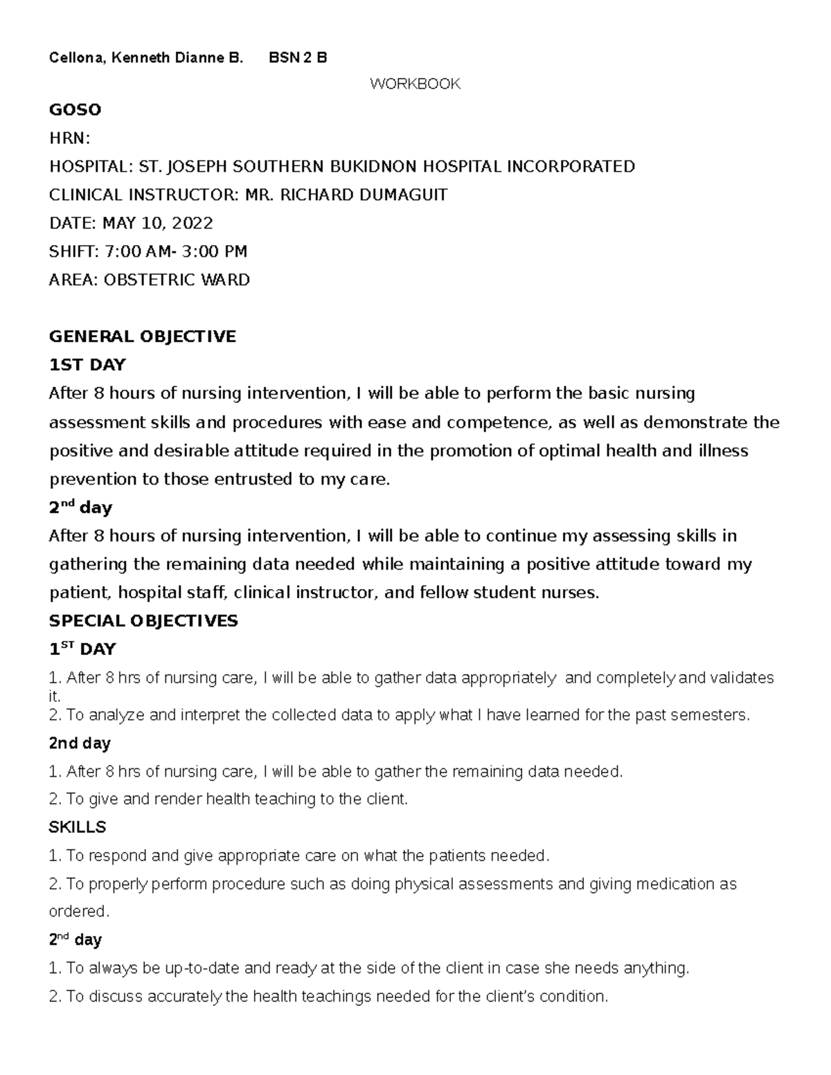 Clinical Reflection and Skills Development in OB Ward - INB ...