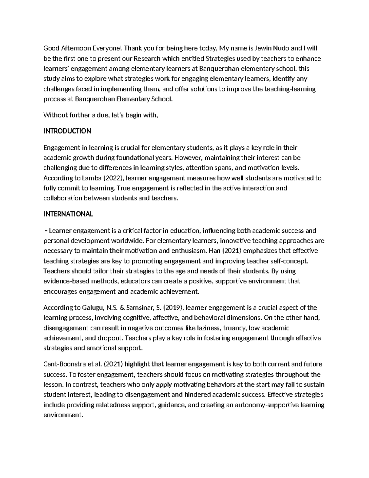 Strategies used by teachers to enhance engagement in elementary ...