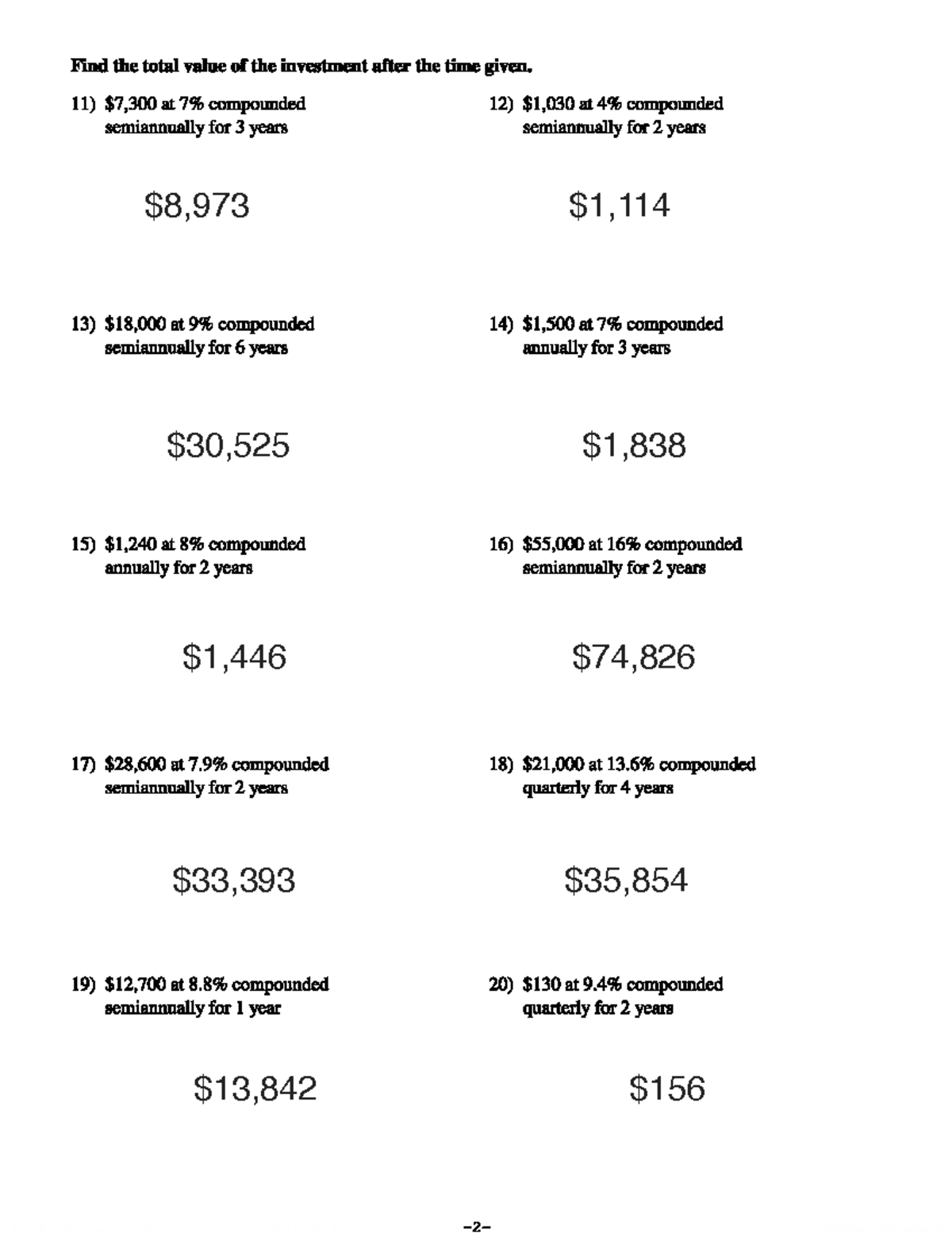 Compound Interest Worksheet - Find the total value of the investment ...