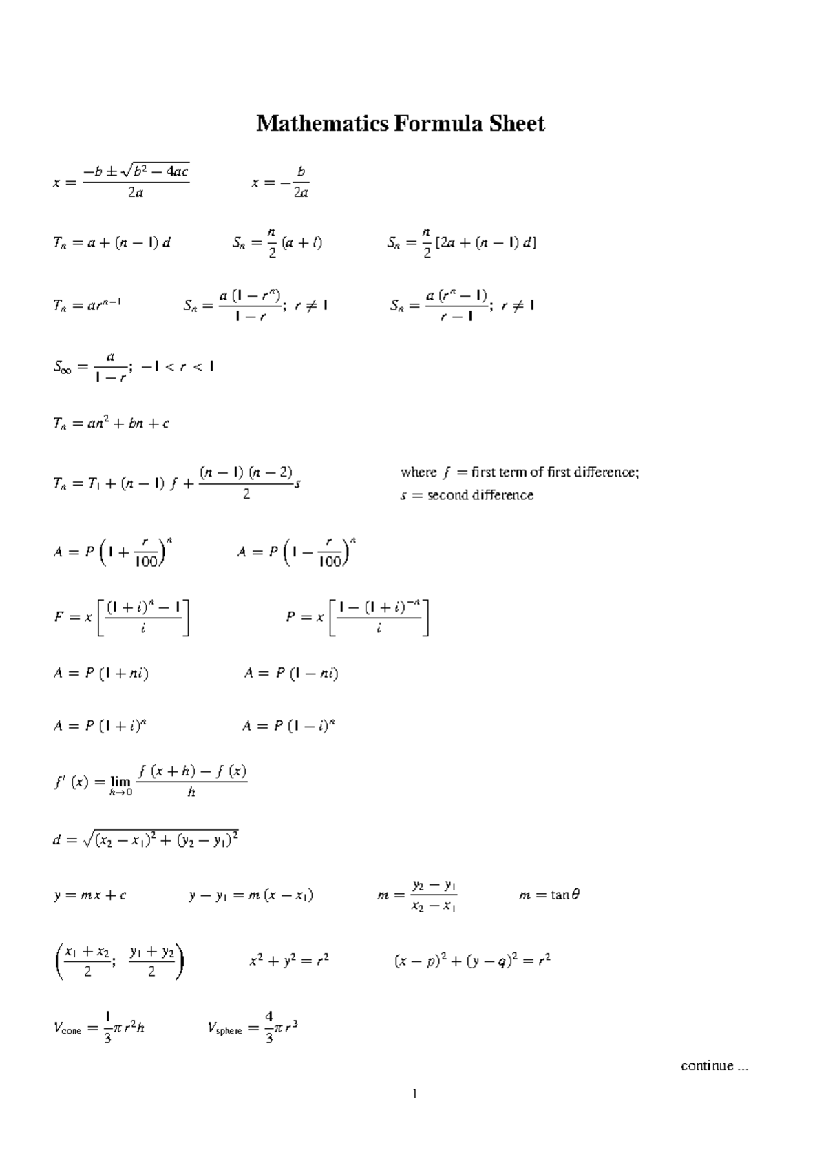 MATE0166 Mathematics Formula Sheet for Midterm Exam - Studocu