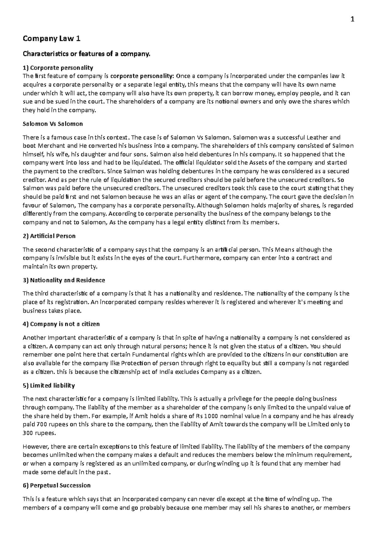 Company Law 1: Key Features and Concepts Explained - Studocu