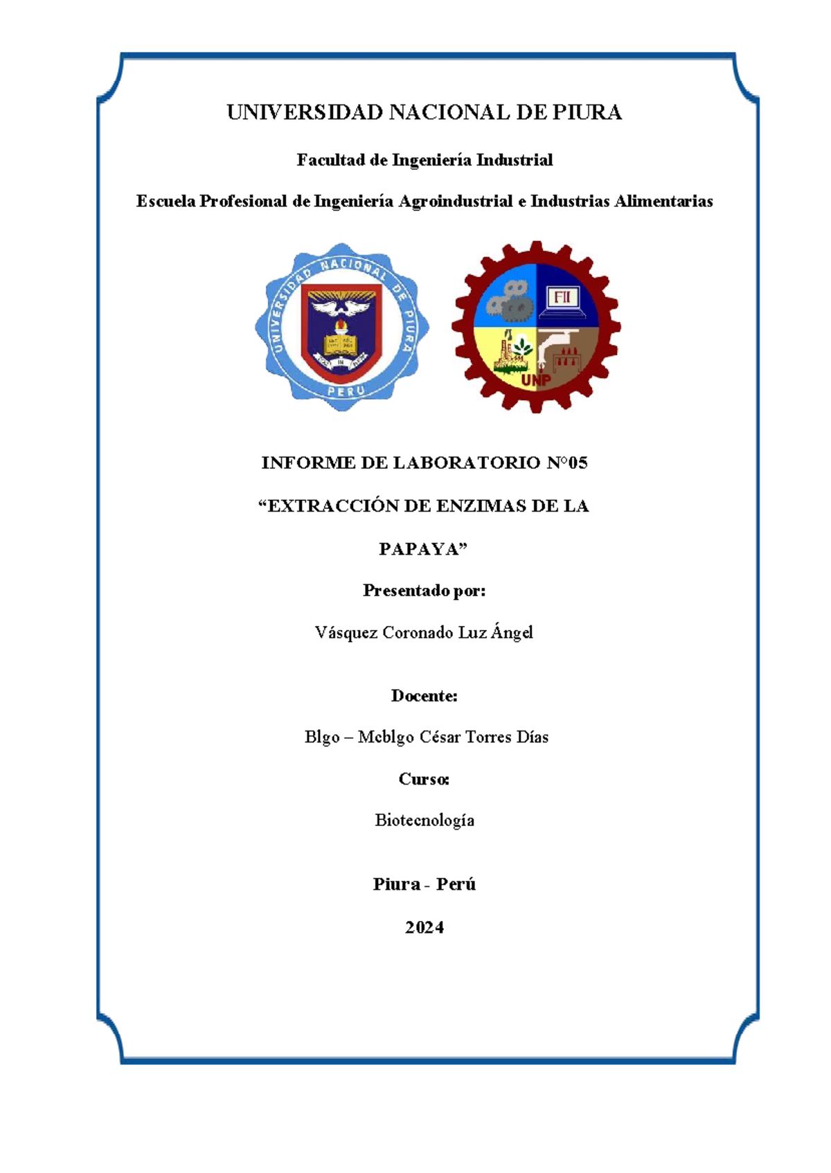 Informe de Laboratorio: Extracción de Papaína en Biotecnología 2024 - Document Preview