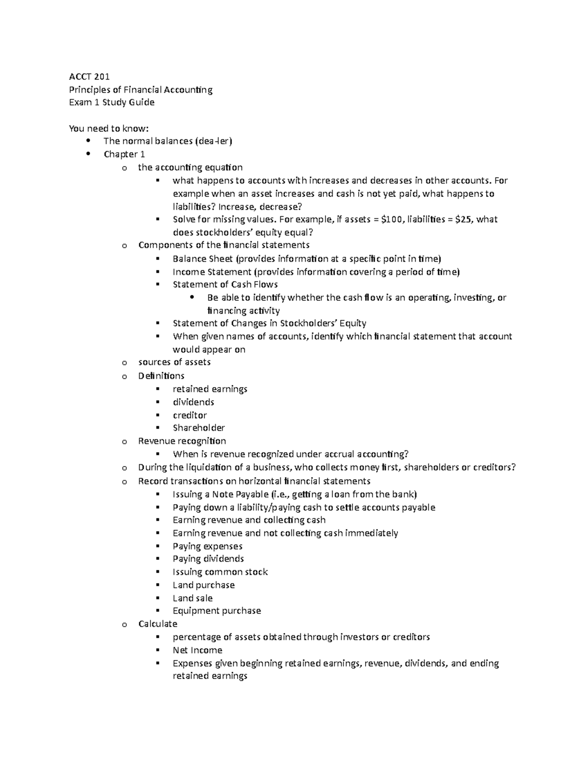 Acct 201 Exam 1 Comprehensive Study Guide For Financial Accounting