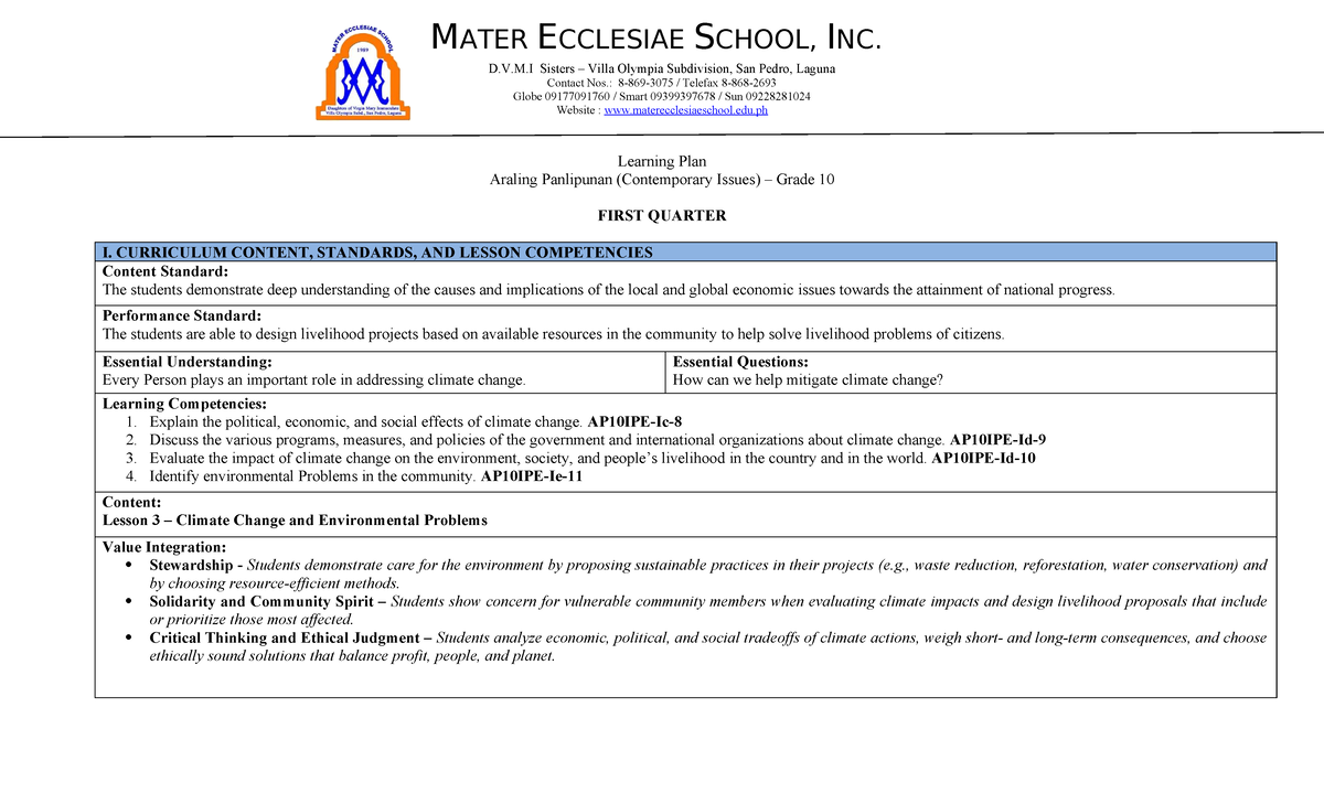 AP10 Learning Plan: Climate Change & Environmental Issues (1st Quarter ...