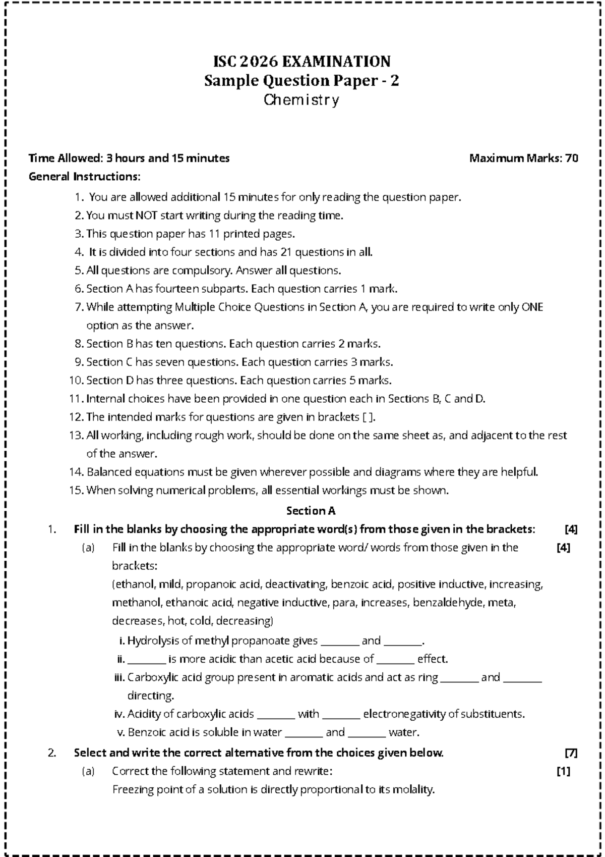 ISC 2026 CHEMISTRY Sample Question Paper 2 - Final Exam - Studocu