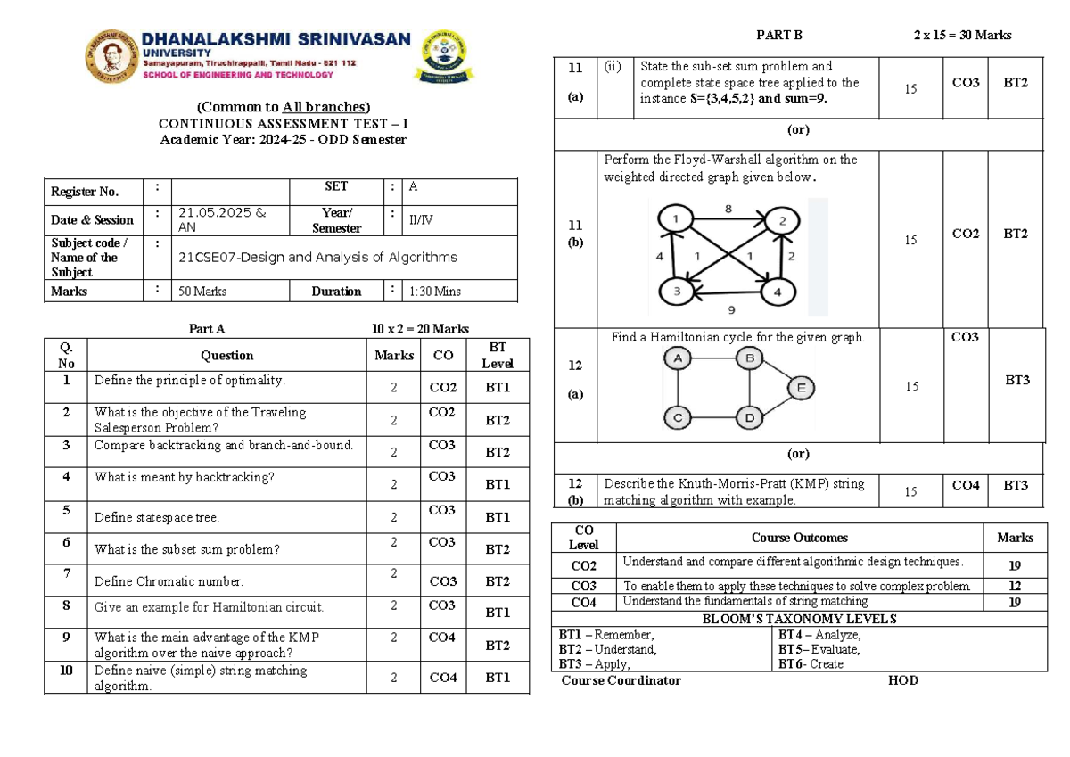 Continuous Assessment Test I (DAA) - ODD Semester - SET A - Studocu