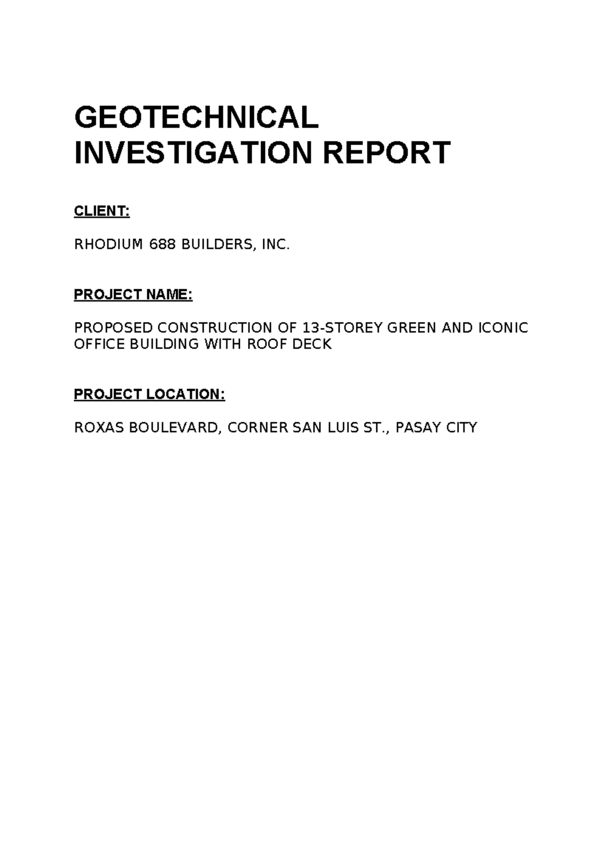 GEOTECHNICAL INVESTIGATION REPORT: 13-STOREY OFFICE BUILDING, ROXAS BLVD -  Studocu