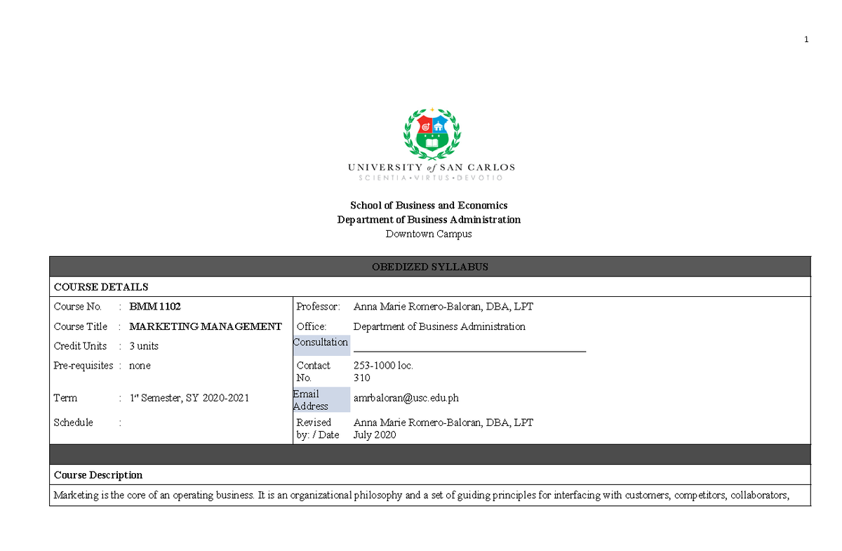 BMM 1102 Marketing Management Detailed Course Syllabus and Overview ...