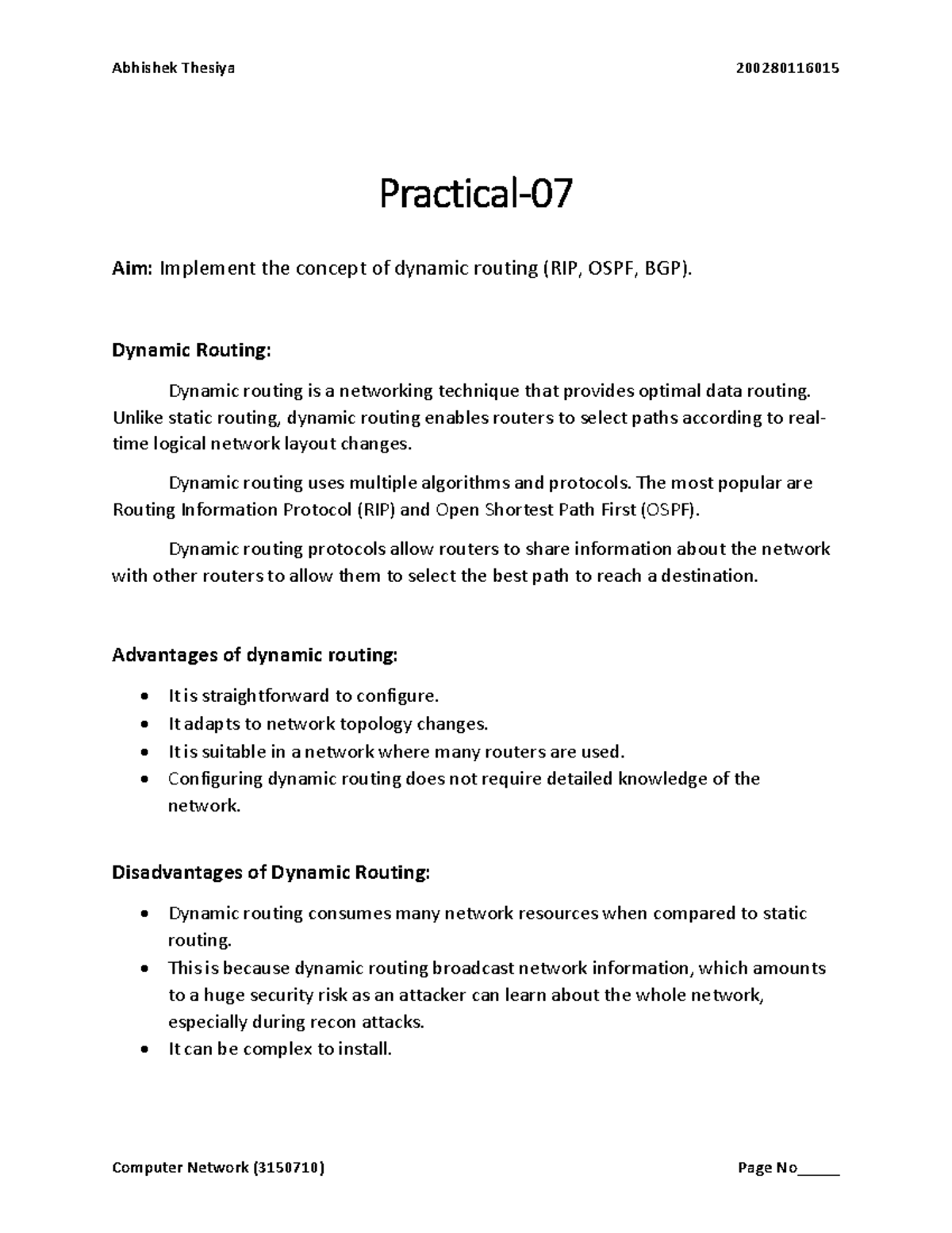 Dynamic Routing Protocols Implementation - Practical 7 - Studocu