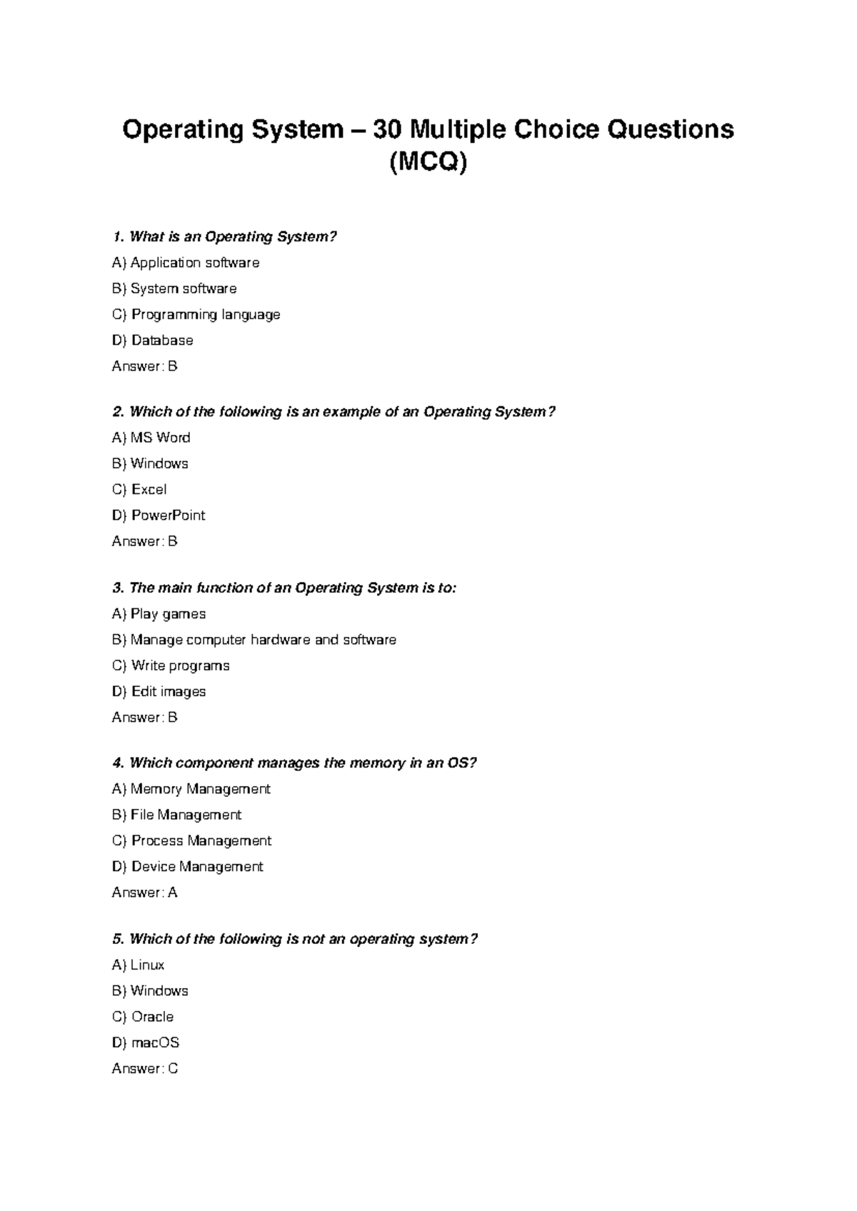 Operating System 30 MCQs for Exam Preparation - Studocu