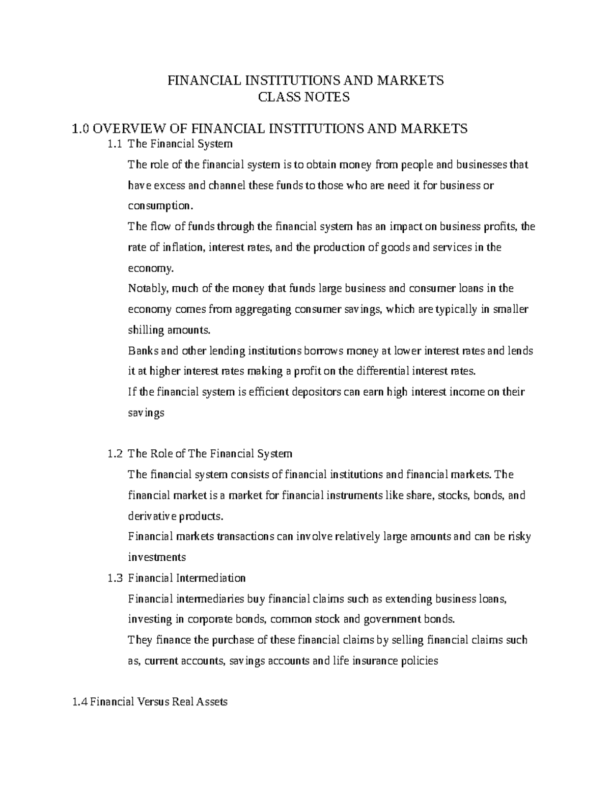 Financial Institutions and Markets: Comprehensive Class Notes - Studocu