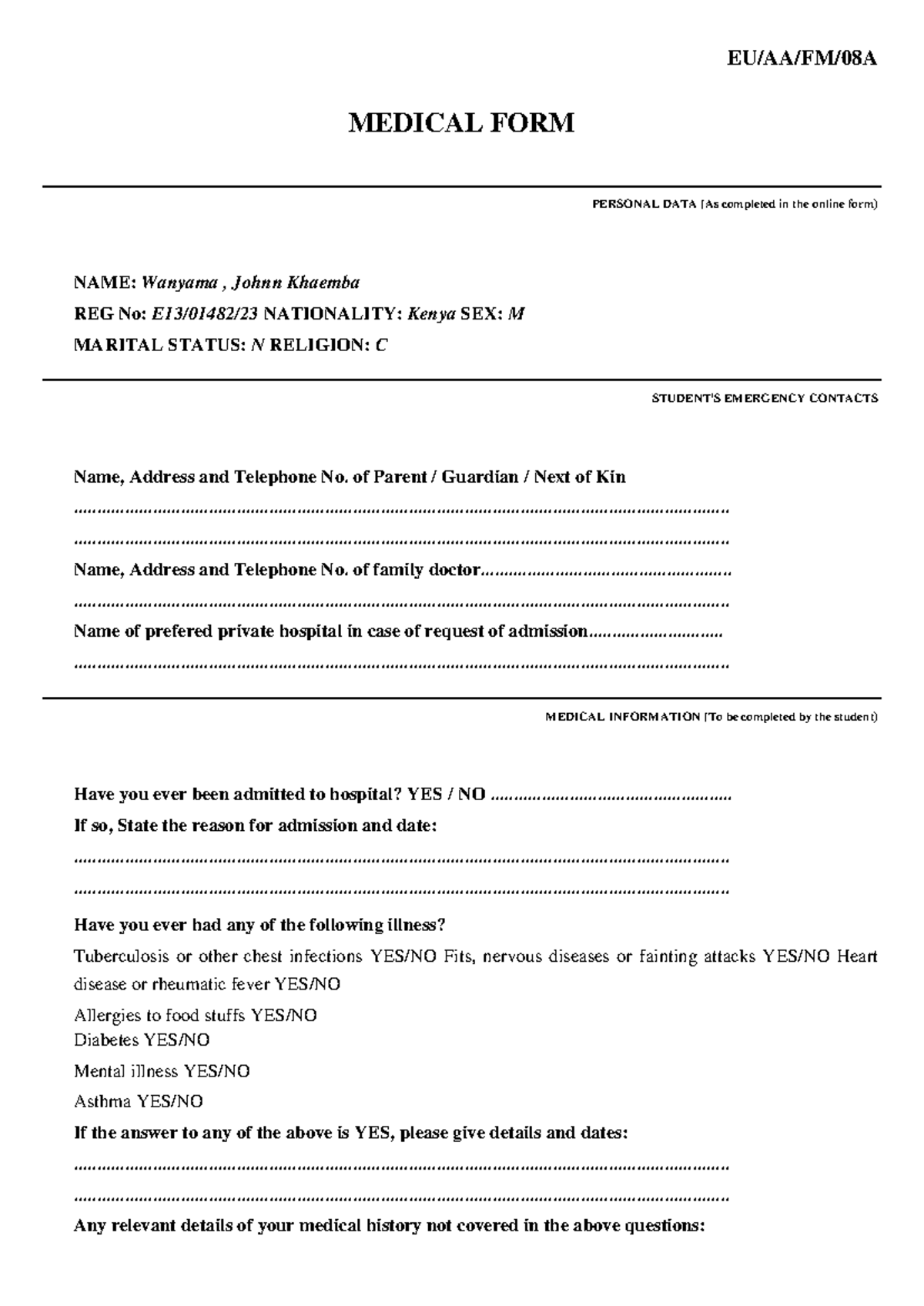 E13 01482 23 Medical Form - Personal and Medical Information - Studocu