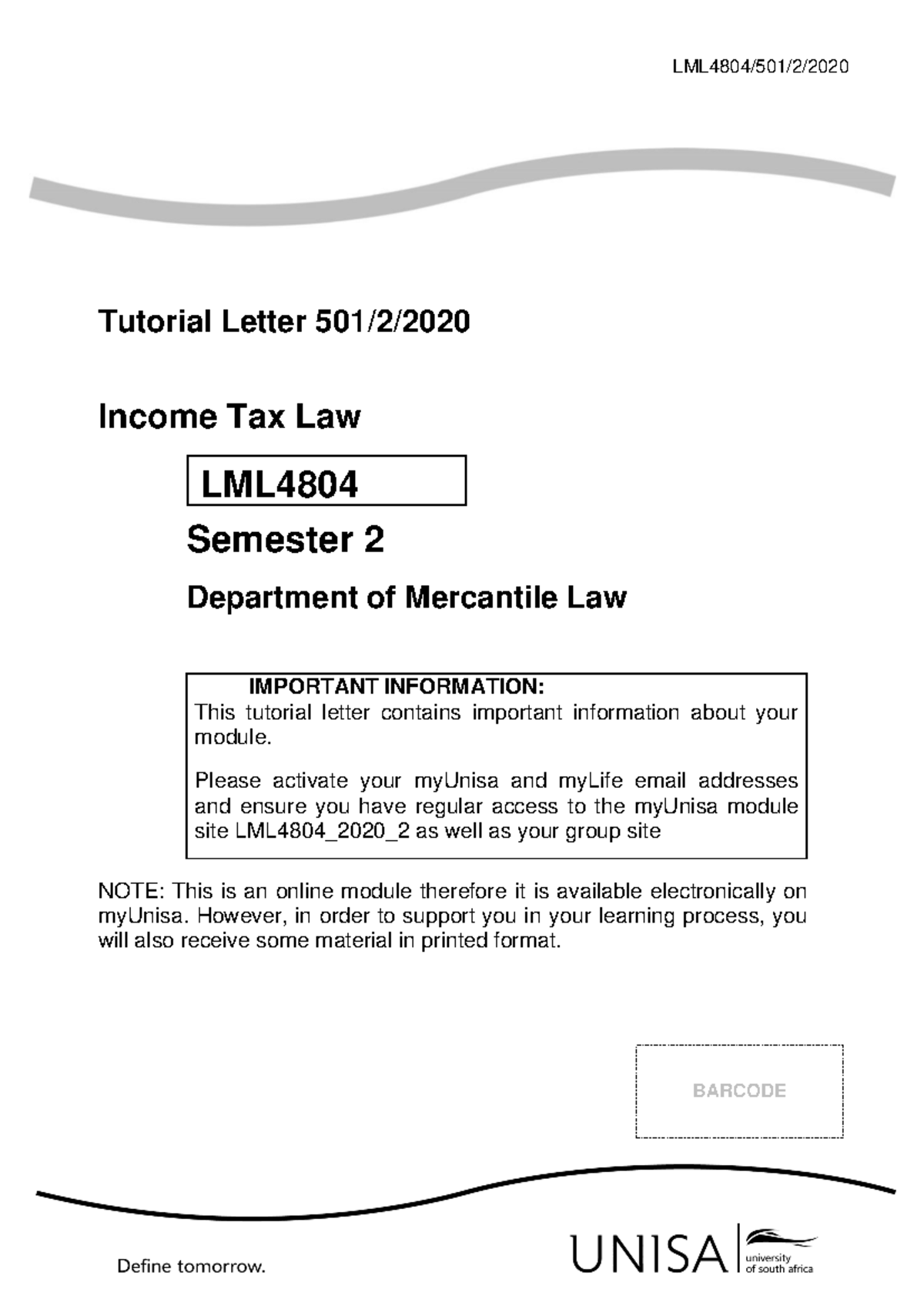 Tutorial Letter 501/2/2020: Understanding Income Tax Law [LML4804 ...