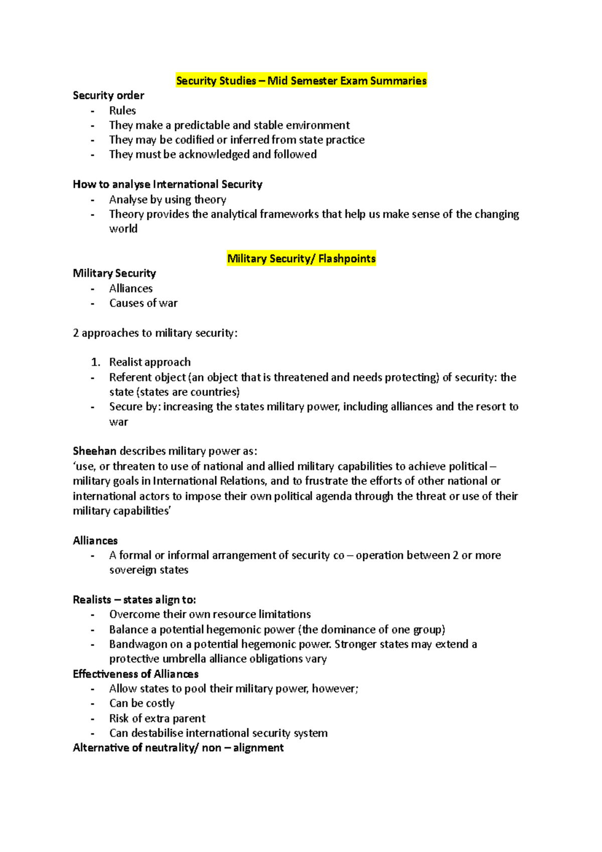 Security Studies (SS101) – Mid Semester Exam Prep Summaries - Studocu