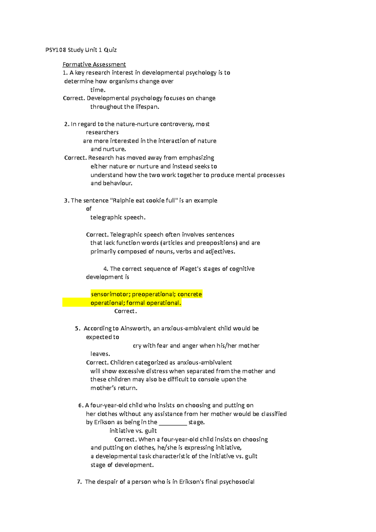 PSY108 Midterm Quiz: Key Concepts in Developmental Psychology - Studocu