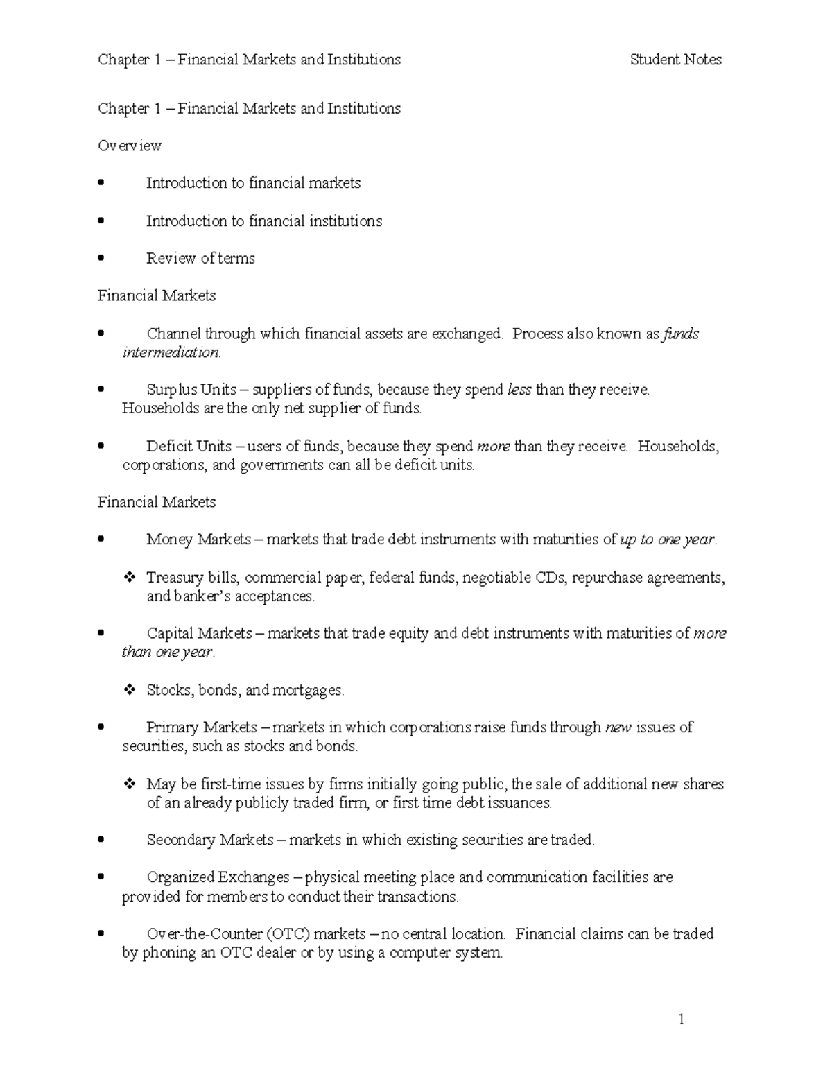 Financial Markets Institutions - Student Note - Chapter 1 – Financial ...