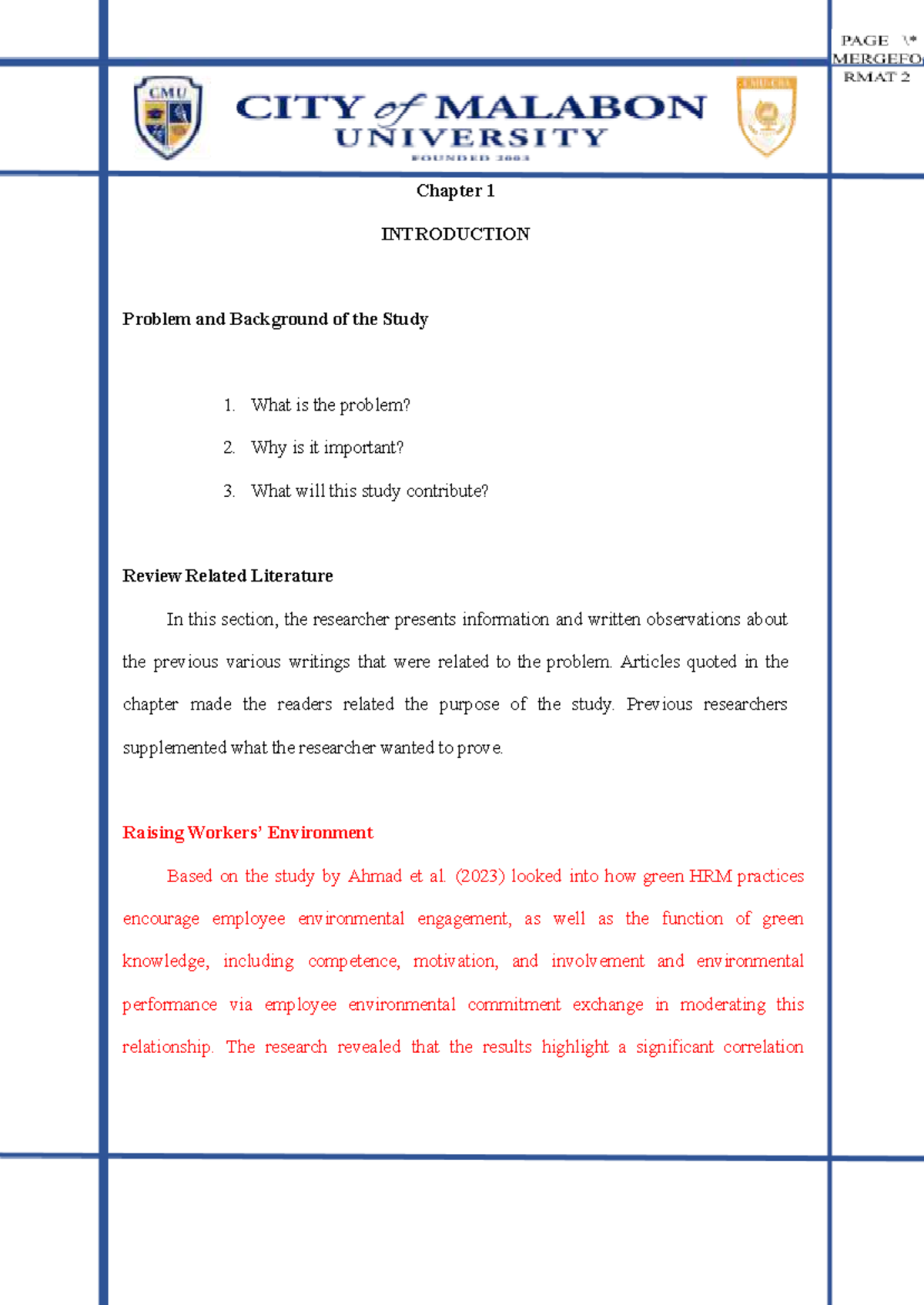 Research Template - Chapters - Chapter 1 INTRODUCTION Problem and ...