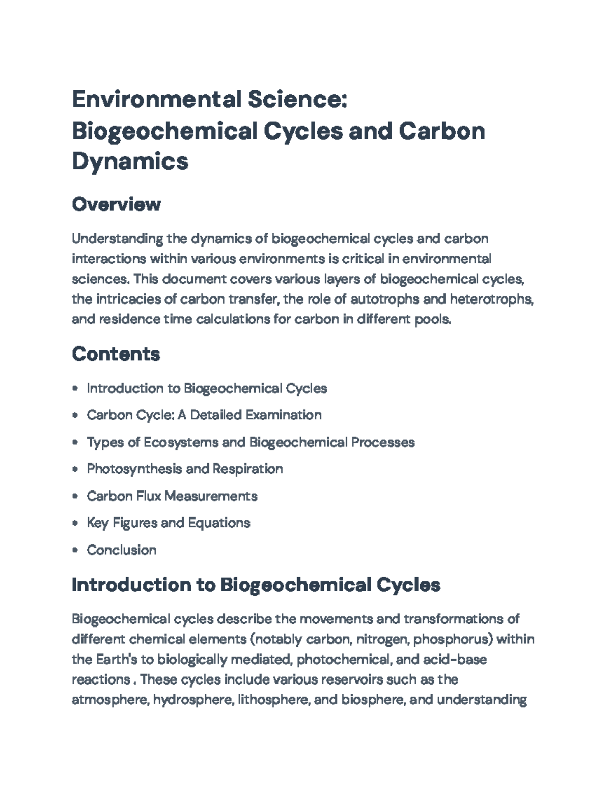Environmental Science: Overview of Biogeochemical Cycles & Carbon ...