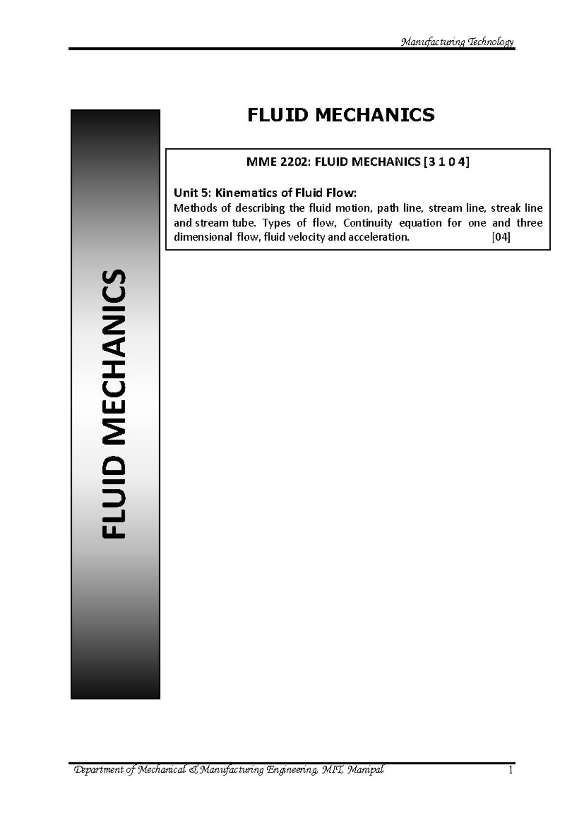 MME 2202: Unit 5 - Kinematics of Fluid Flow Overview and Concepts - Studocu