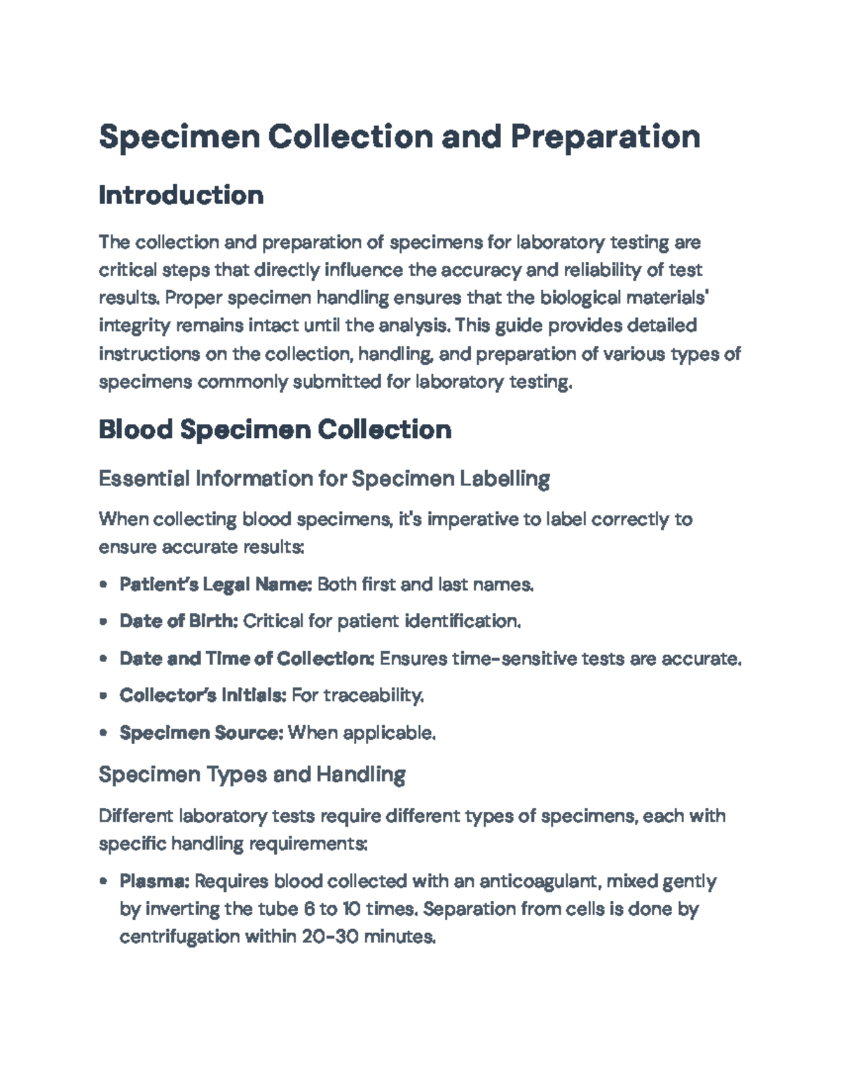 Specimen Collection and Preparation Guidelines for Laboratory Testing ...