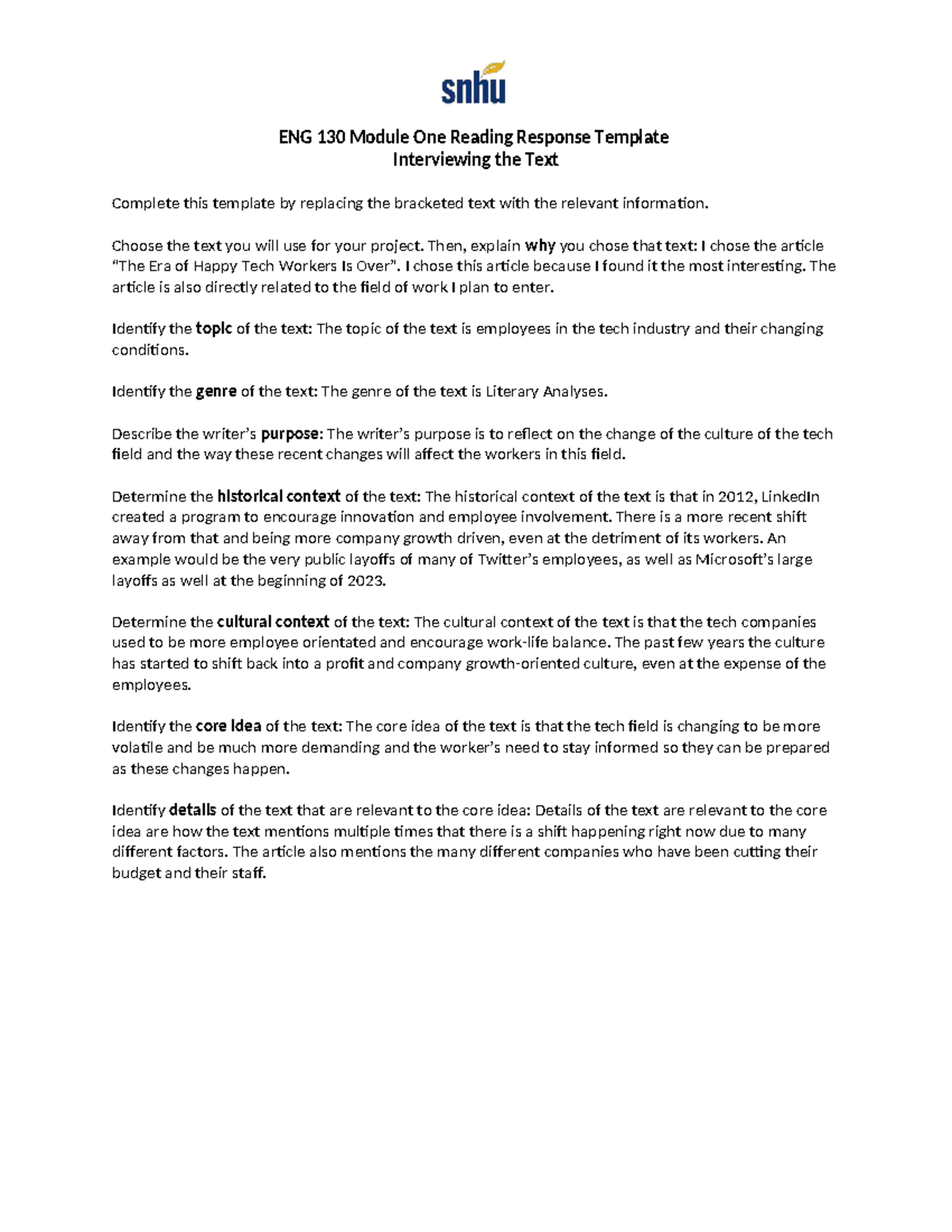ENG 130 Module 1 Reading Response: Analyzing Tech Worker Culture - Studocu