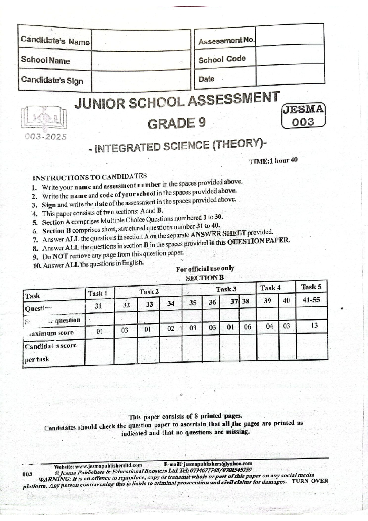Grade 9 Integrated Science Assessment 003 - Junior School - Studocu