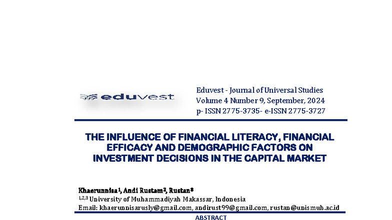 The Influence of Financial Literacy and Efficacy on Investment ...