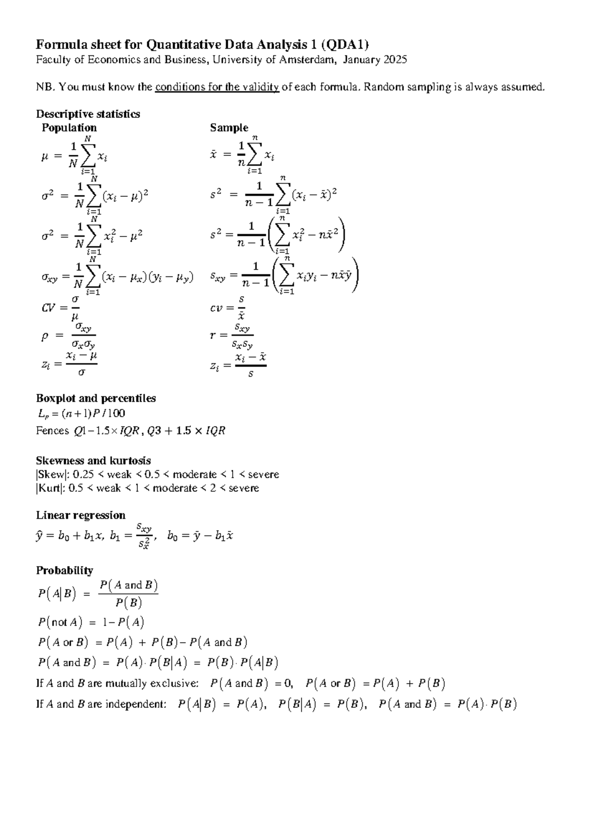 Formula Sheet for QDA1: Quantitative Data Analysis Essentials - Studeersnel
