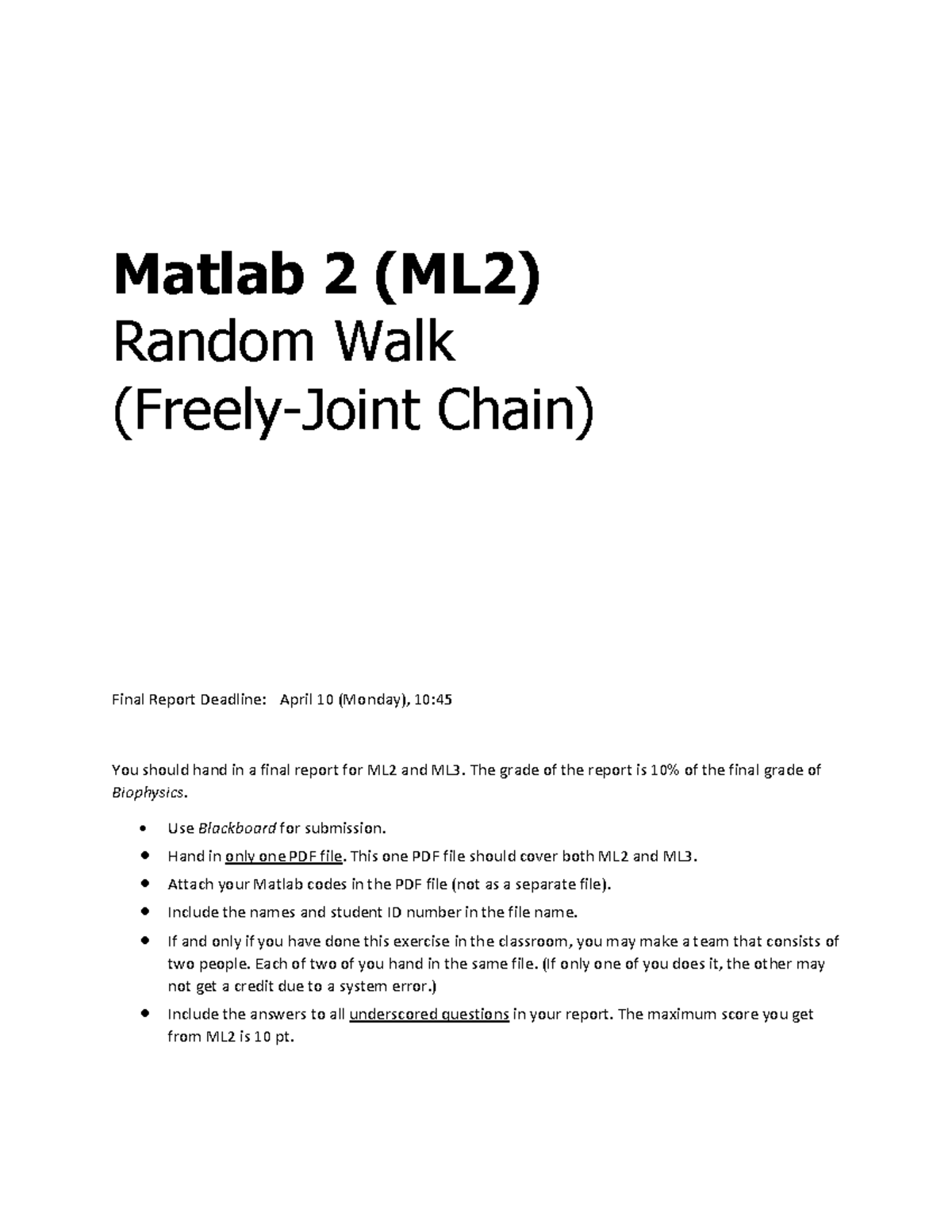 Matlab Exercise #2 - Matlab 2 (ML2) Random Walk Chain) Final Report ...