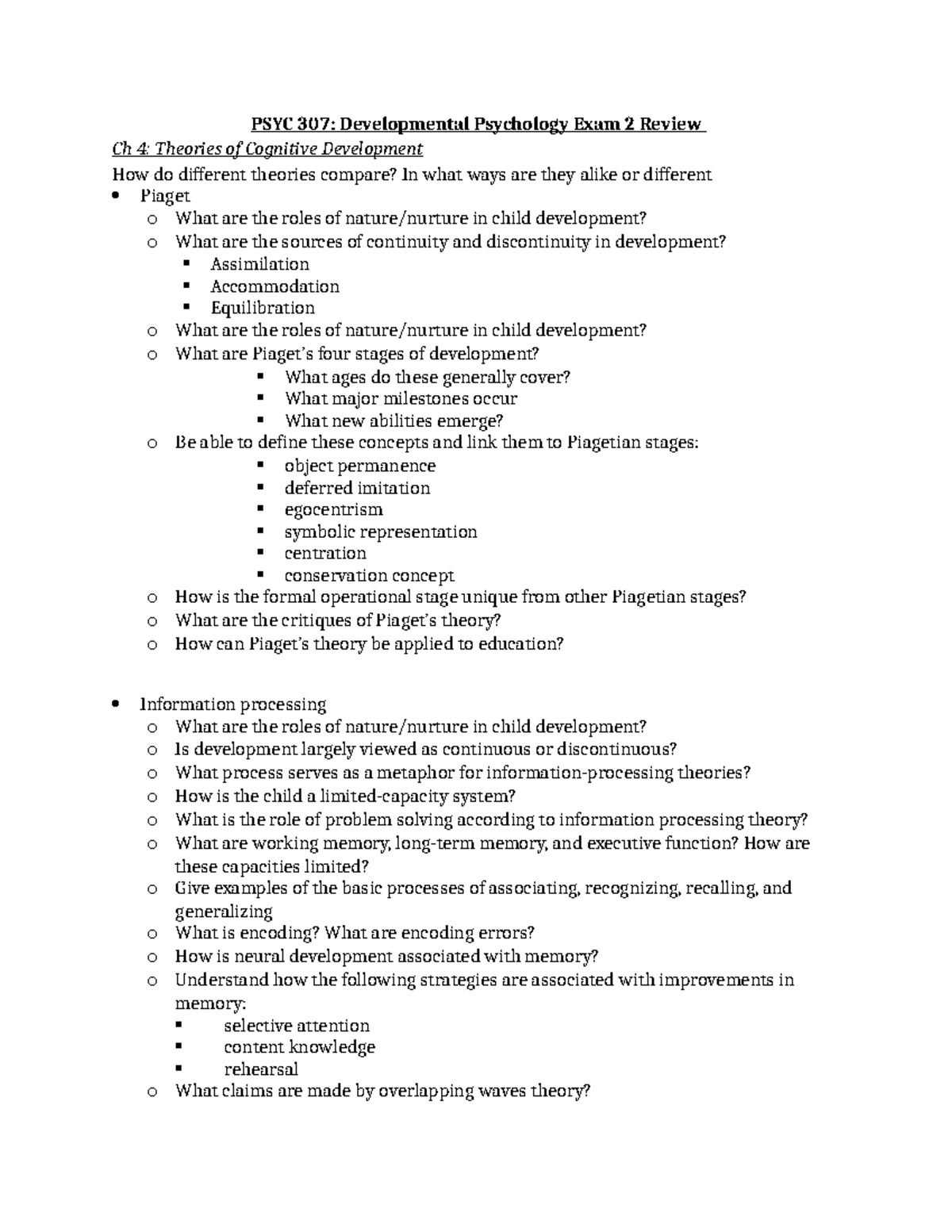 PSYC 307: Developmental Psychology Exam 2 Review Notes on Cognitive ...