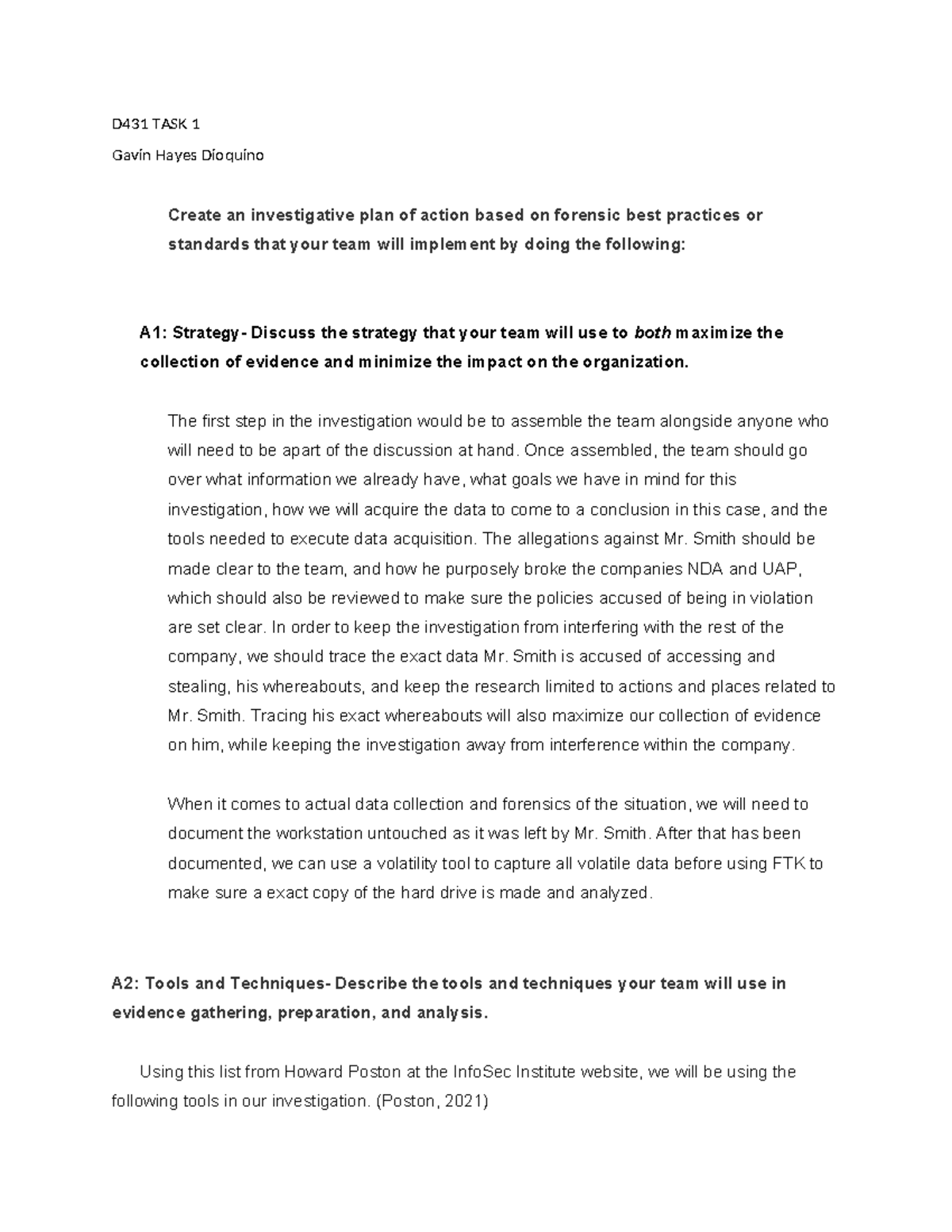 D431 TASK 1 - Investigative Plan and Evidence Collection Strategy - Studocu