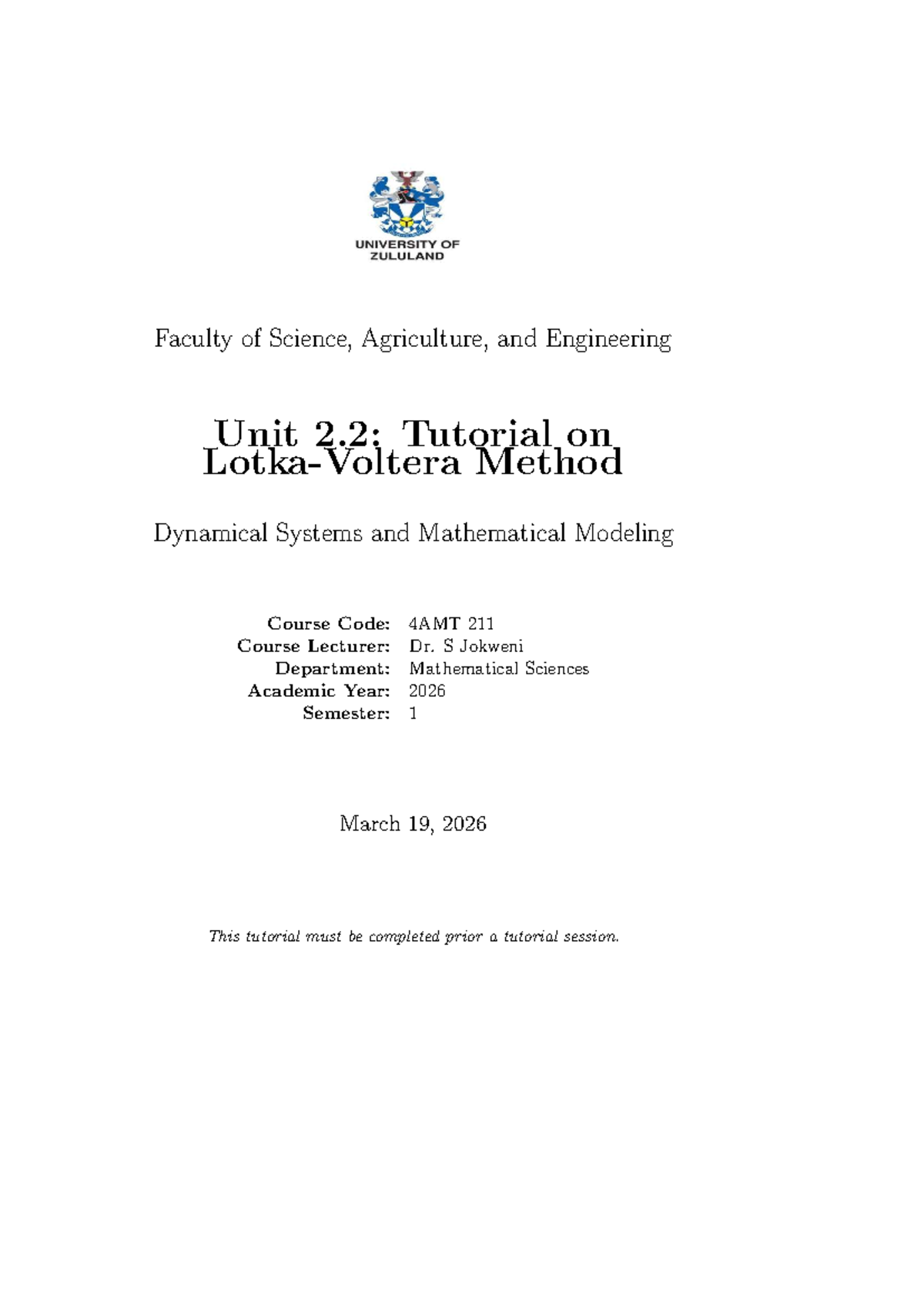 4AMT 211 Tutorial 2.2: Dynamical Systems & Mathematical Modeling - Studocu