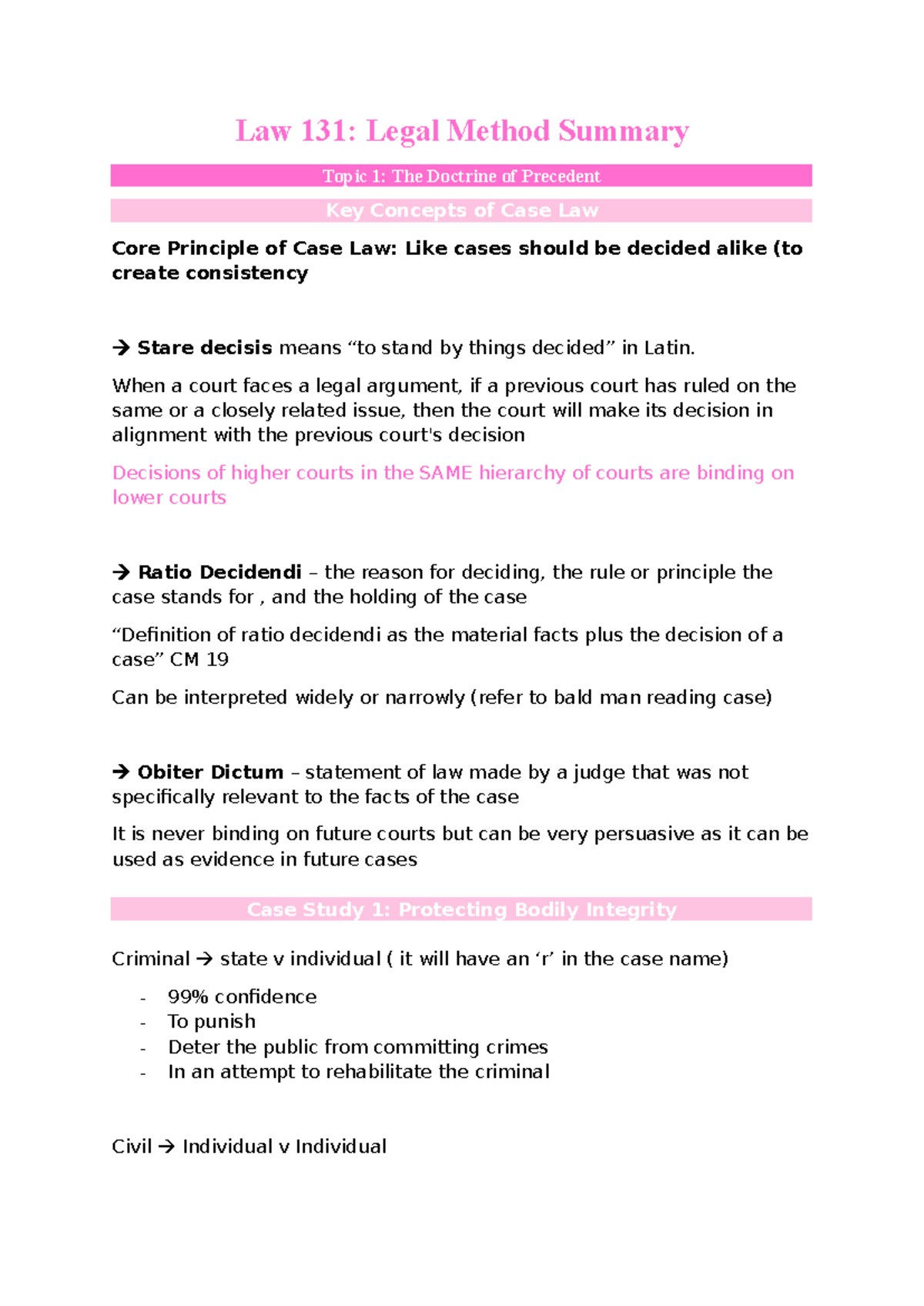 Law 131: Summary of Legal Method - Doctrine of Precedent - Studocu